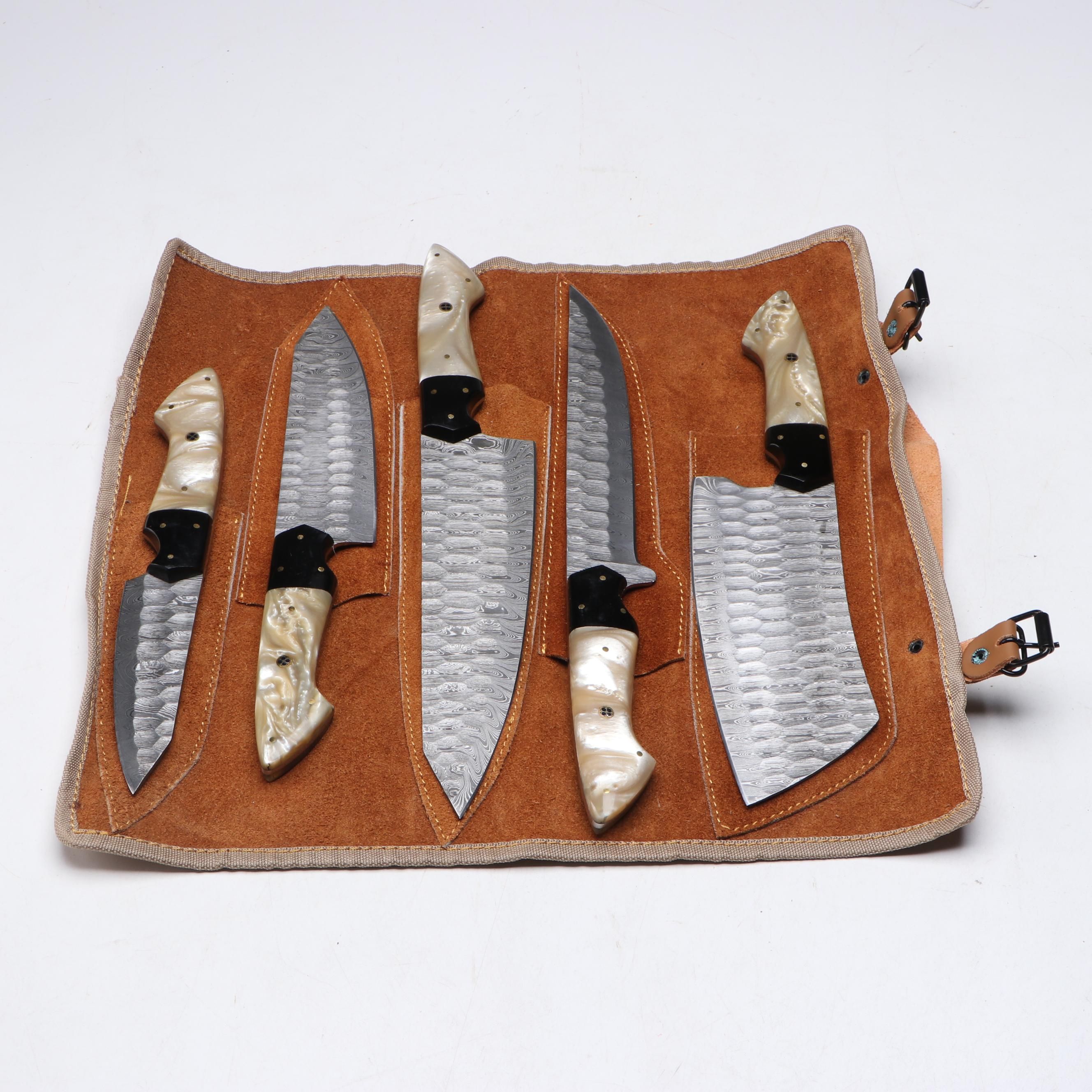 Damascus Steel and Marbled Handled Chef's Knife Set in Suede Leather Roll