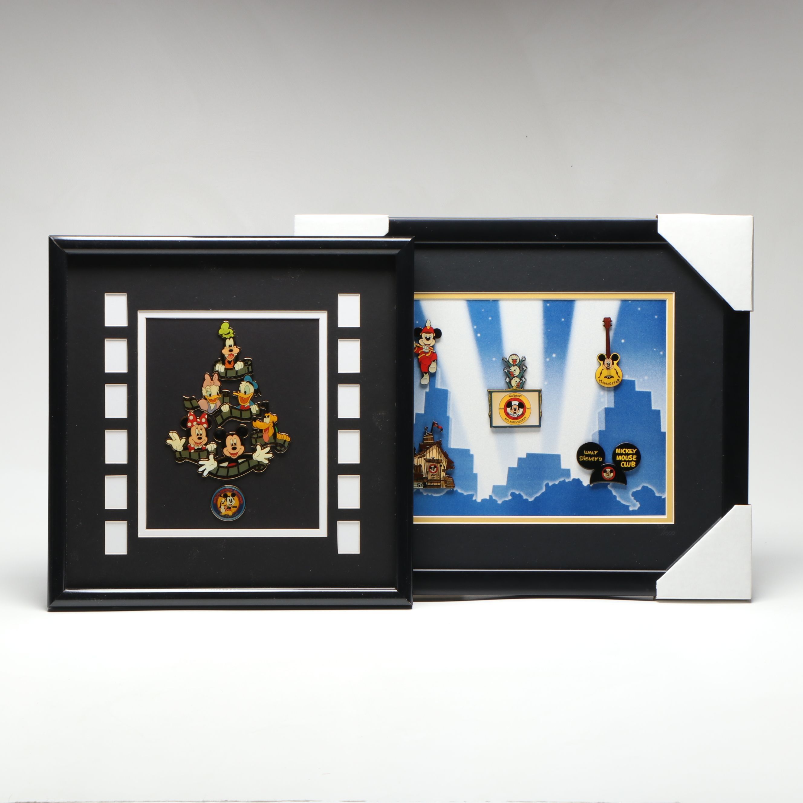 Walt Disney Mickey Mouse Club and Other Commemorative Enamel Pins in Wood Case