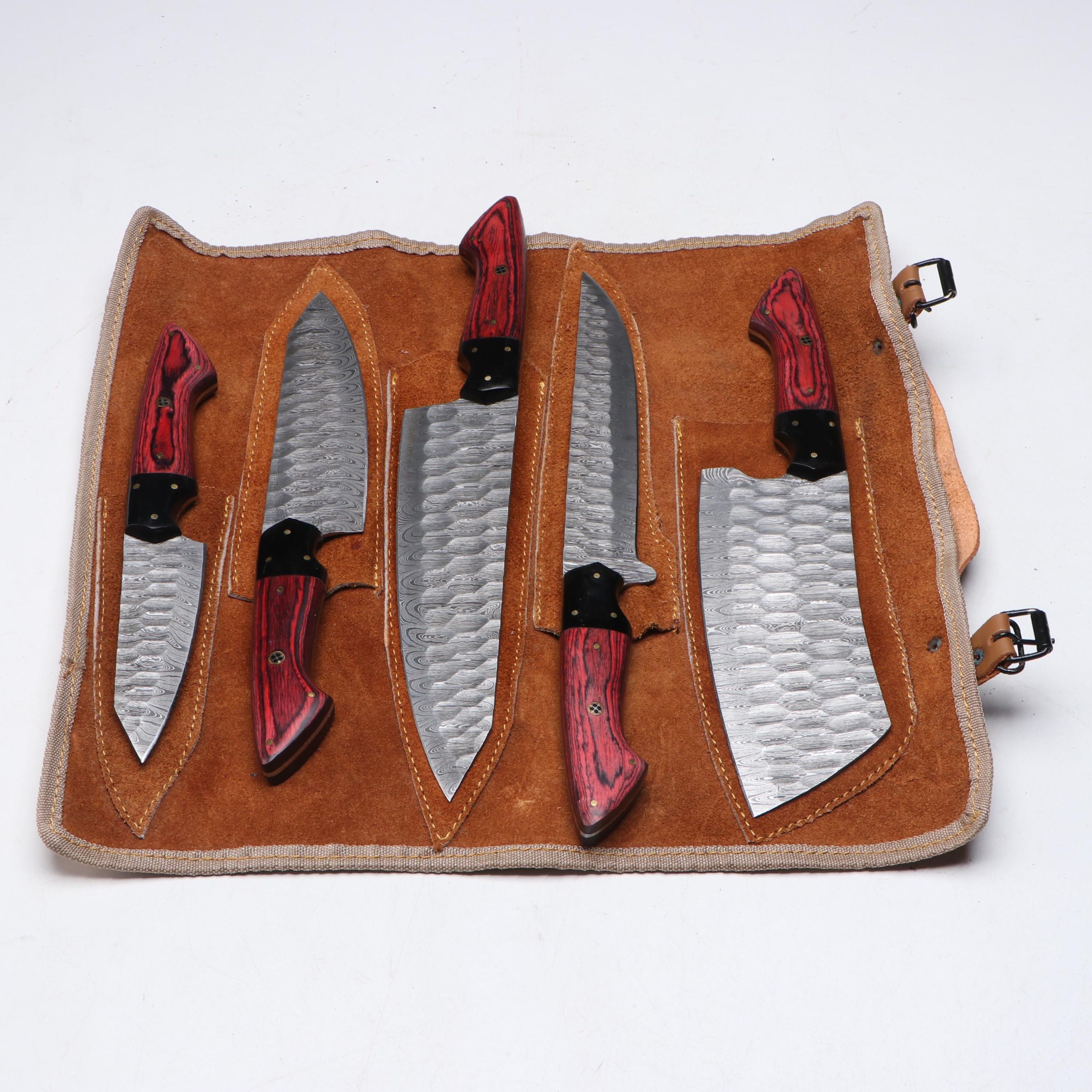 Damascus Steel and Red Wooden Handled Chef's Knife Set in Suede Leather Roll