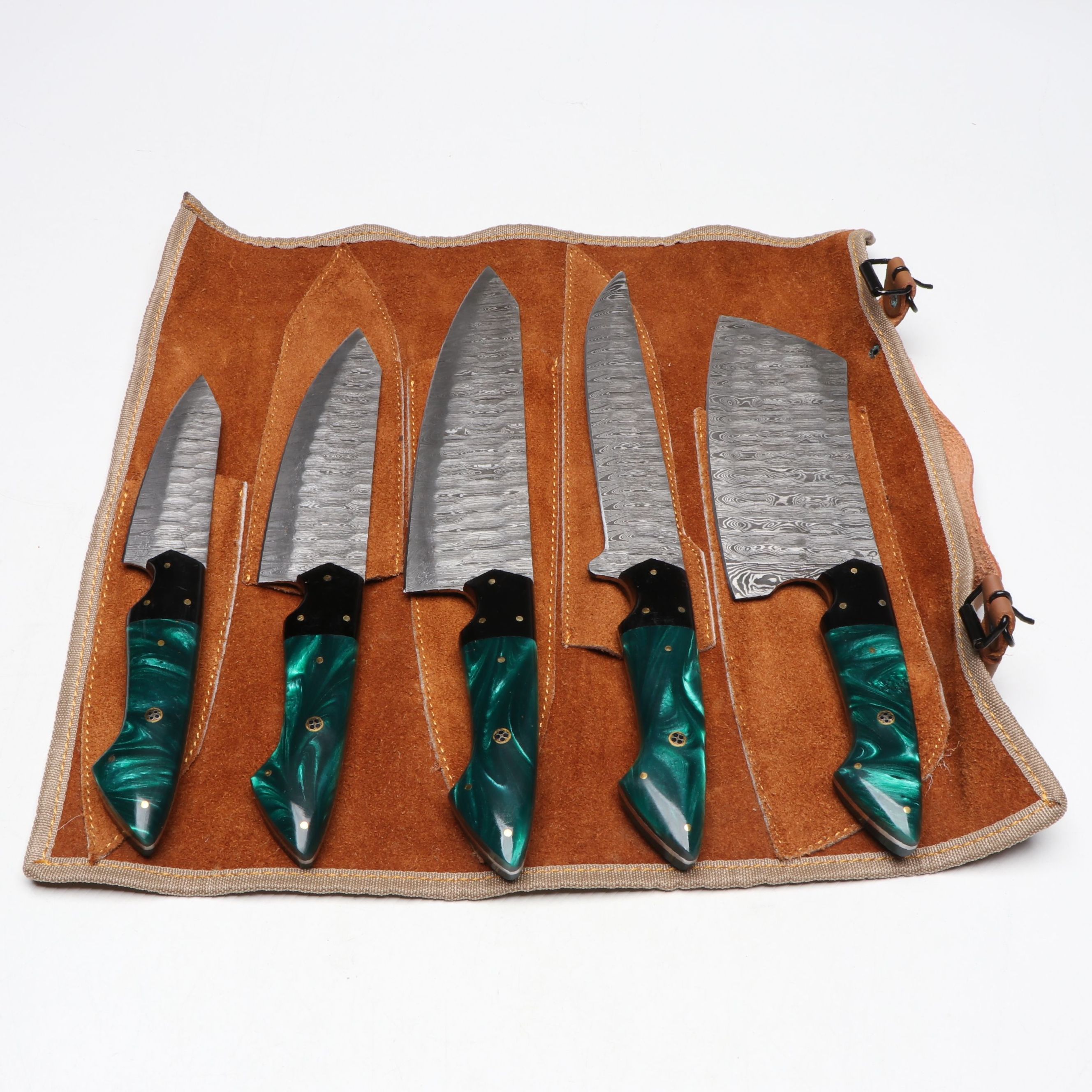 Damascus Steel and Marbled Handled Chef's Knife Set in Suede Leather Roll