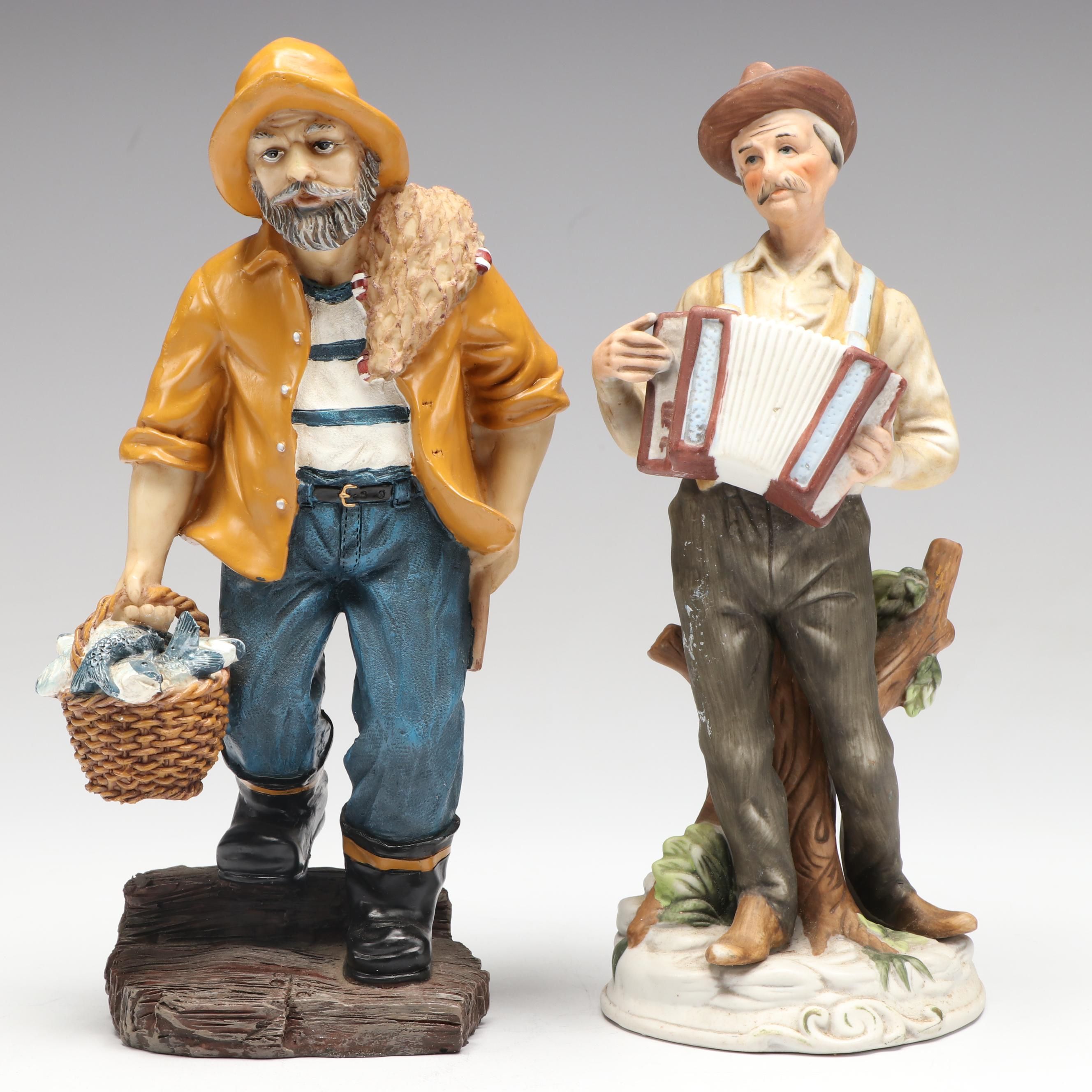 Vintage Porcelain Accordion Player and Resin Fisherman Figurines