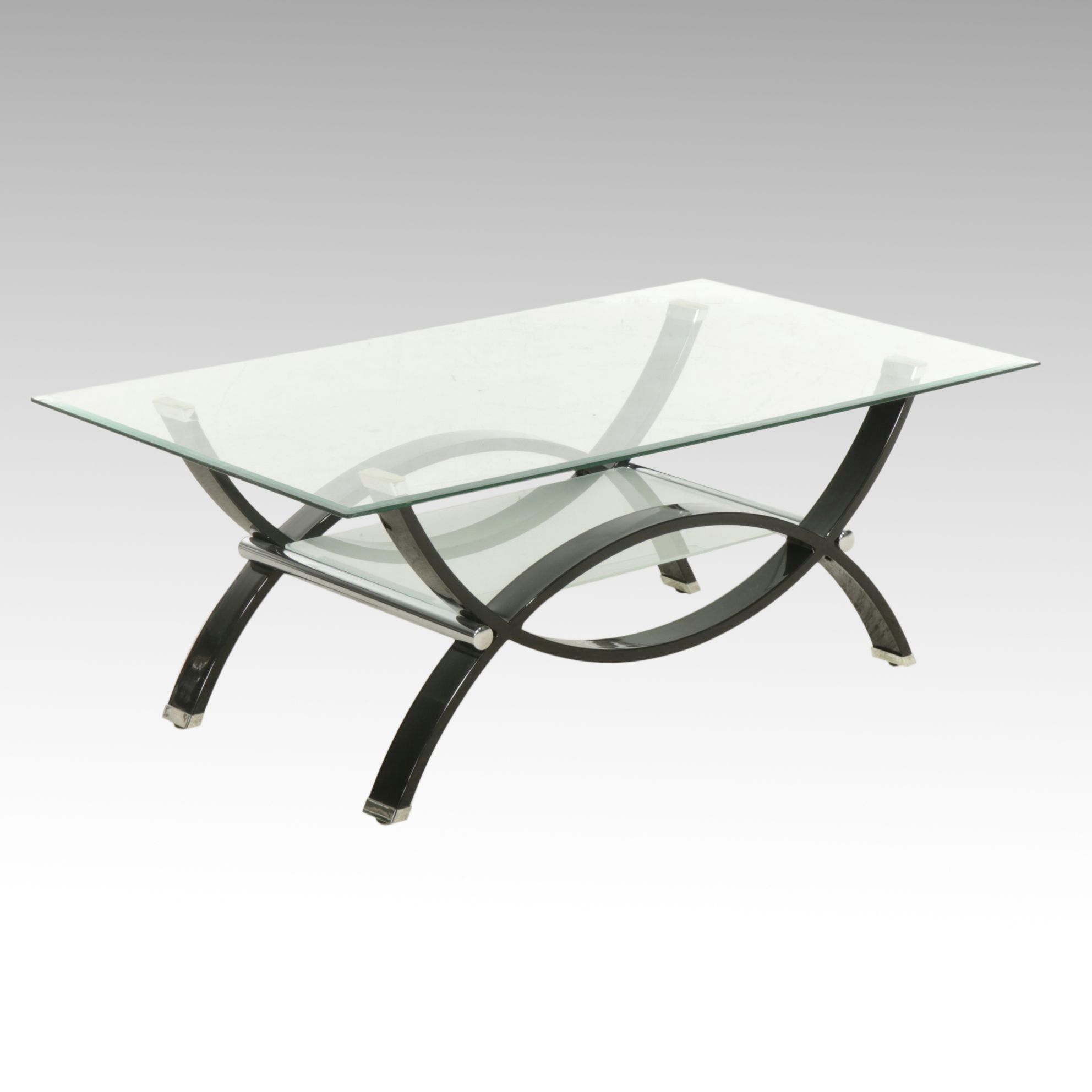 Modern Curved Chrome and Metal Coffee Table with Beveled Glass Top
