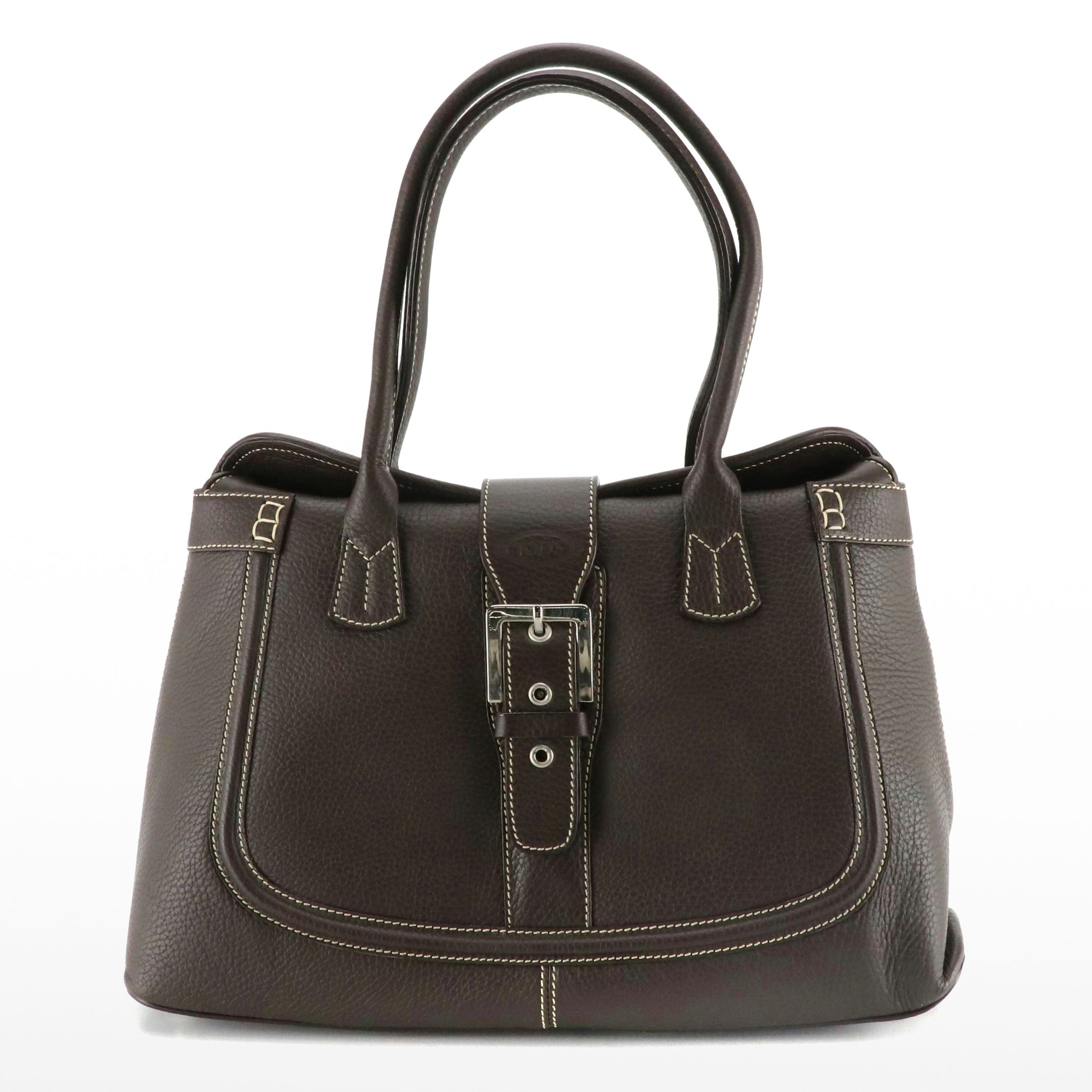 Tod's Buckle Satchel in Dark Brown Grained Leather