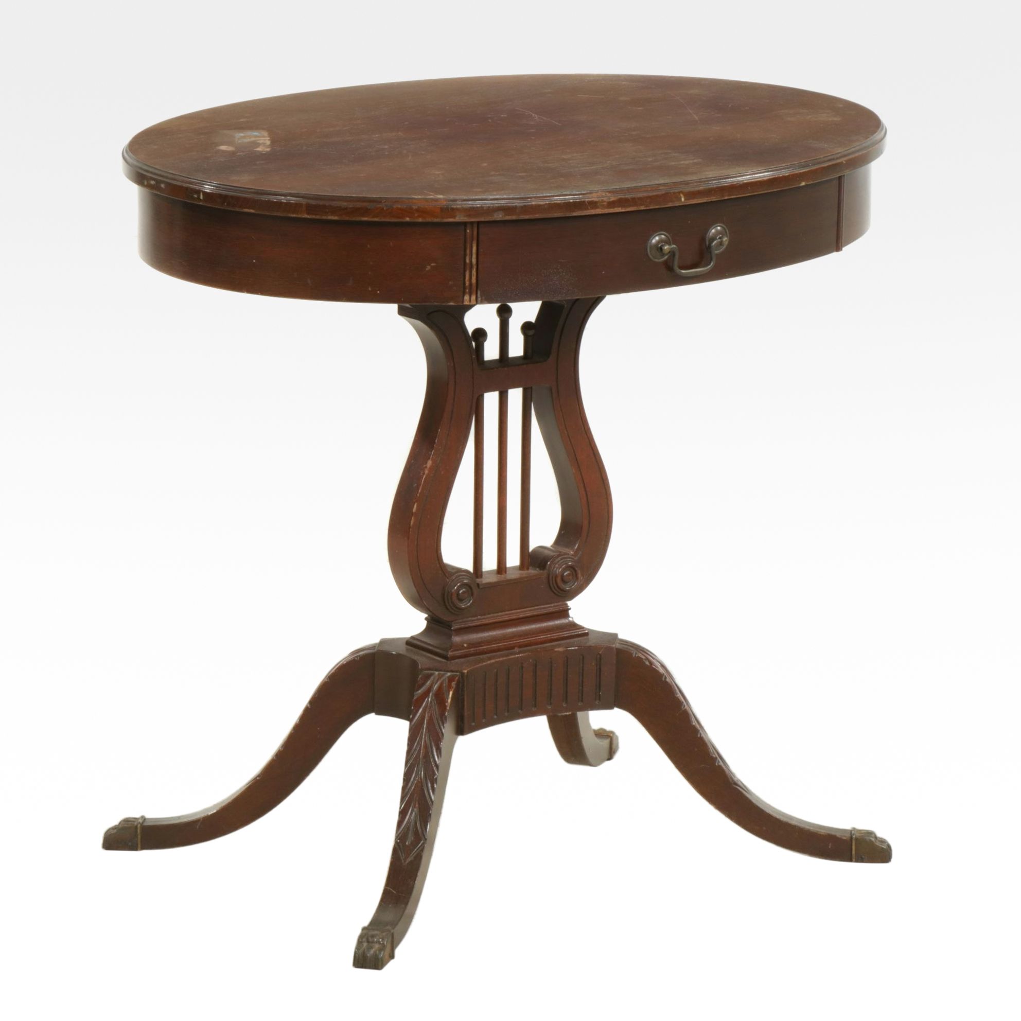 Mersman Regency Style Mahogany Oval Lyre-Base Side Table, Mid-20th Century