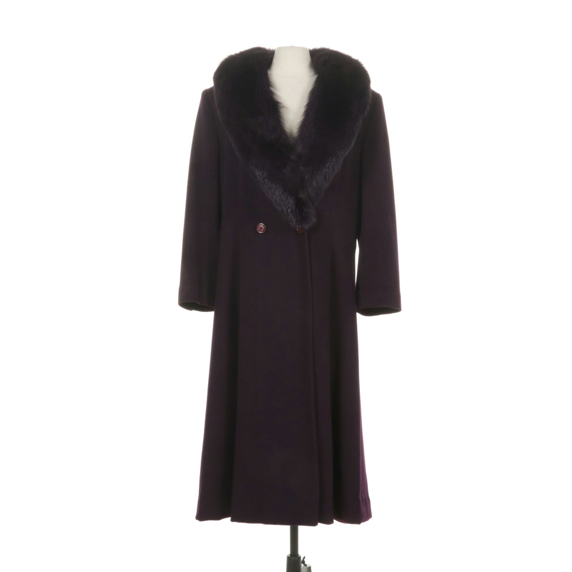 Forstmann Purple Wool Coat with Dyed Fox Fur Shawl Collar, Late 20th C.