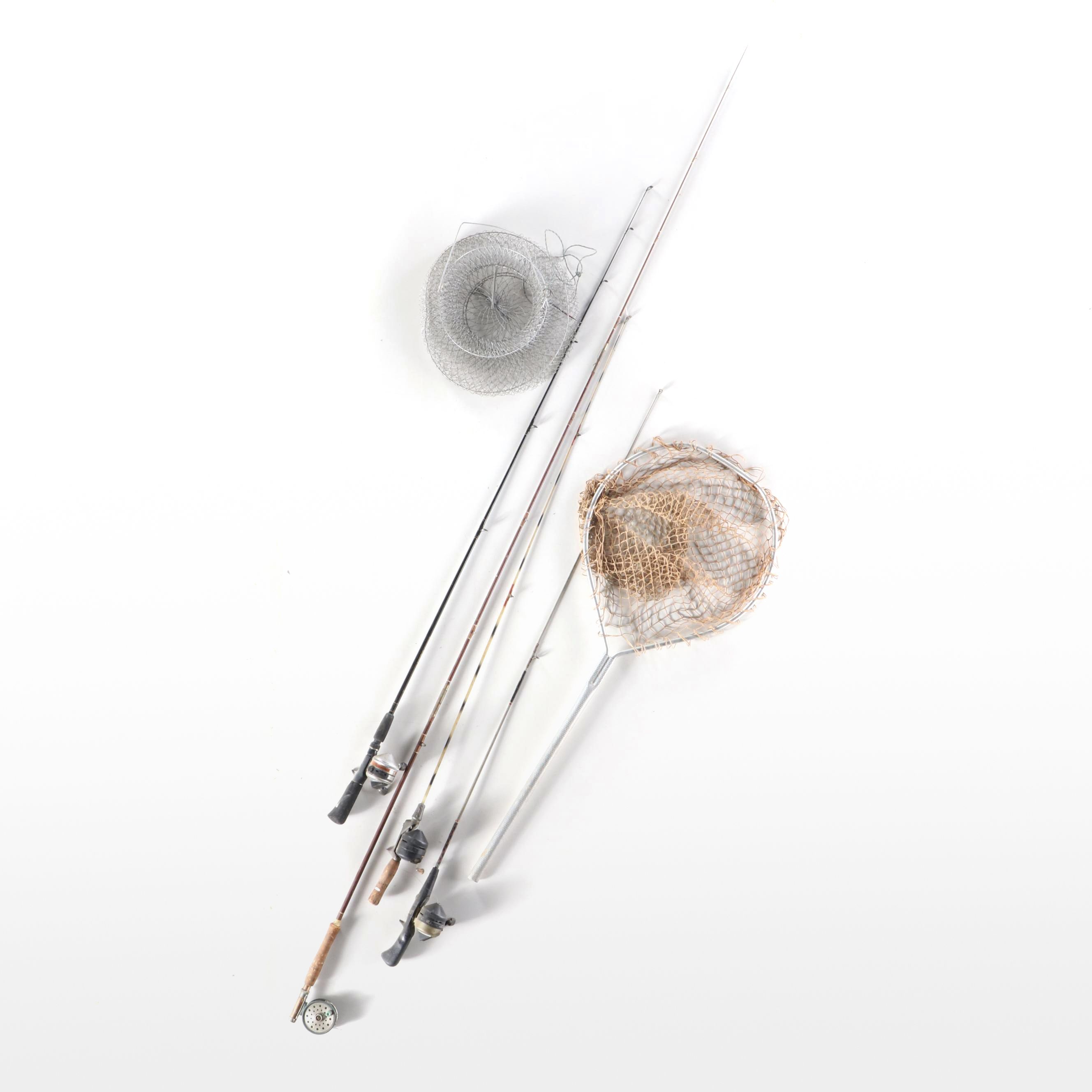 Shimano Graphite C Fishing Rod with Zebco Reel, Net and More