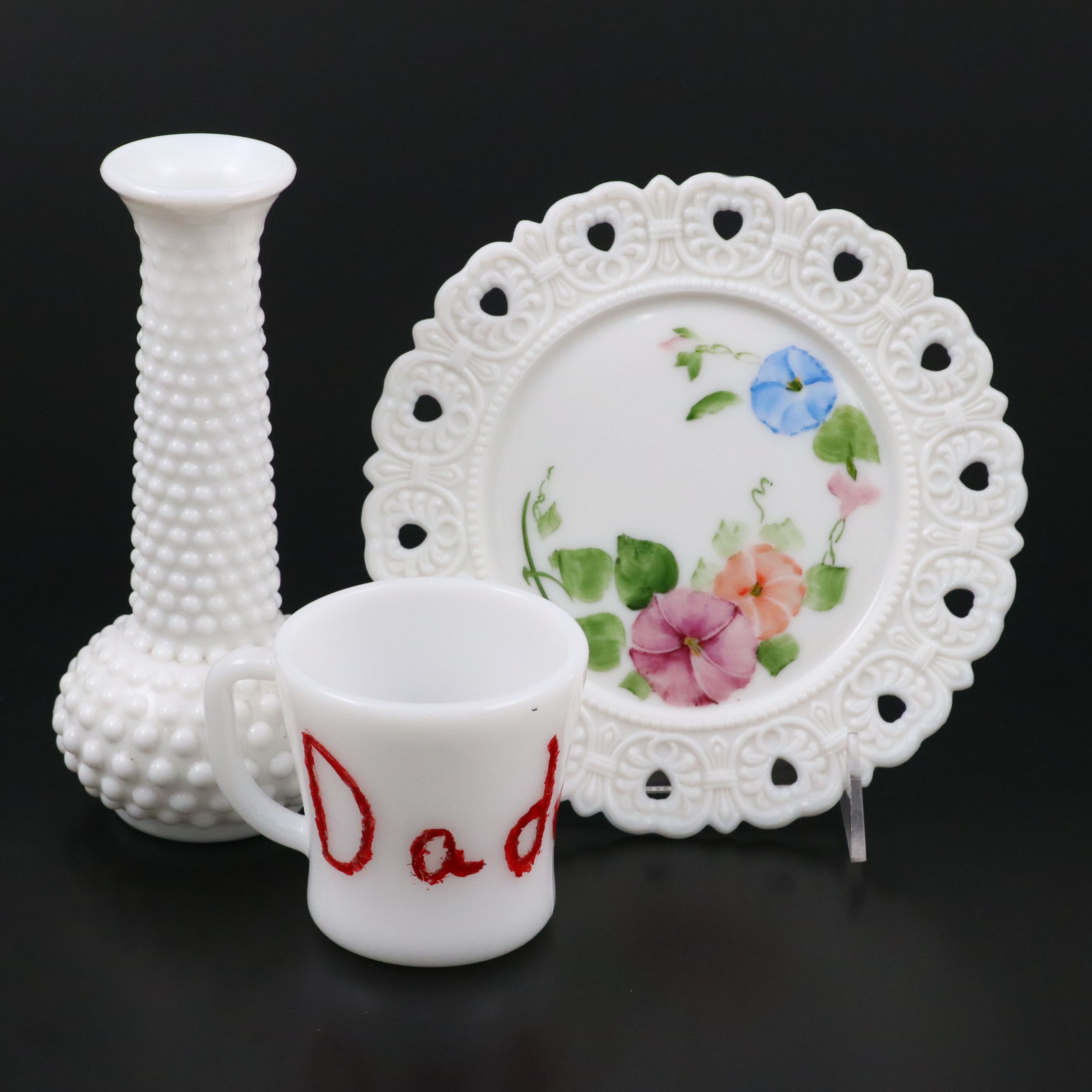 E. O. Brody Hobnail Bud Vase with Other Pressed Milk Glass, 20th Century
