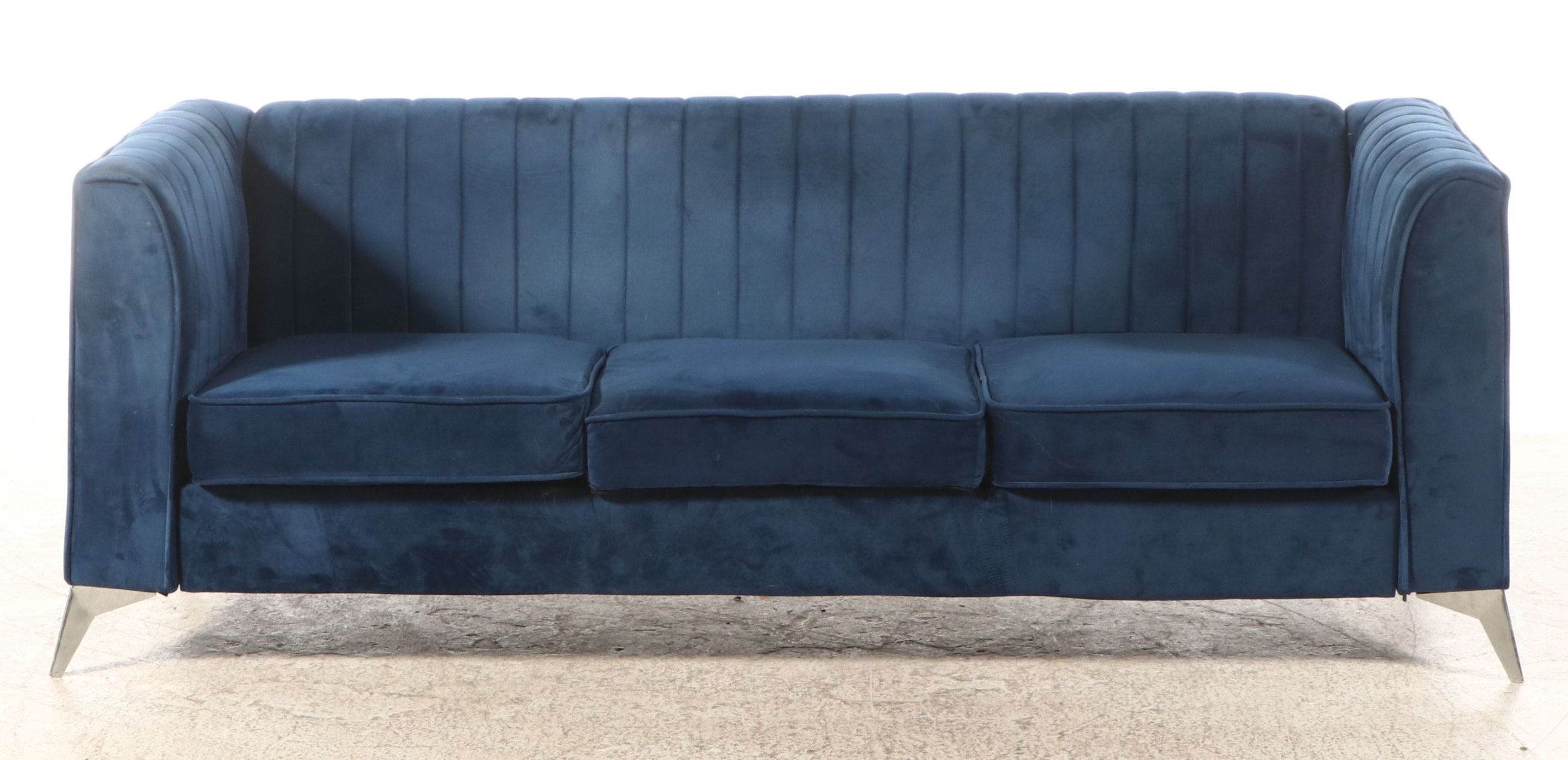 Modernist Style Channel Tufted Blue Velvet Upholstered Sofa