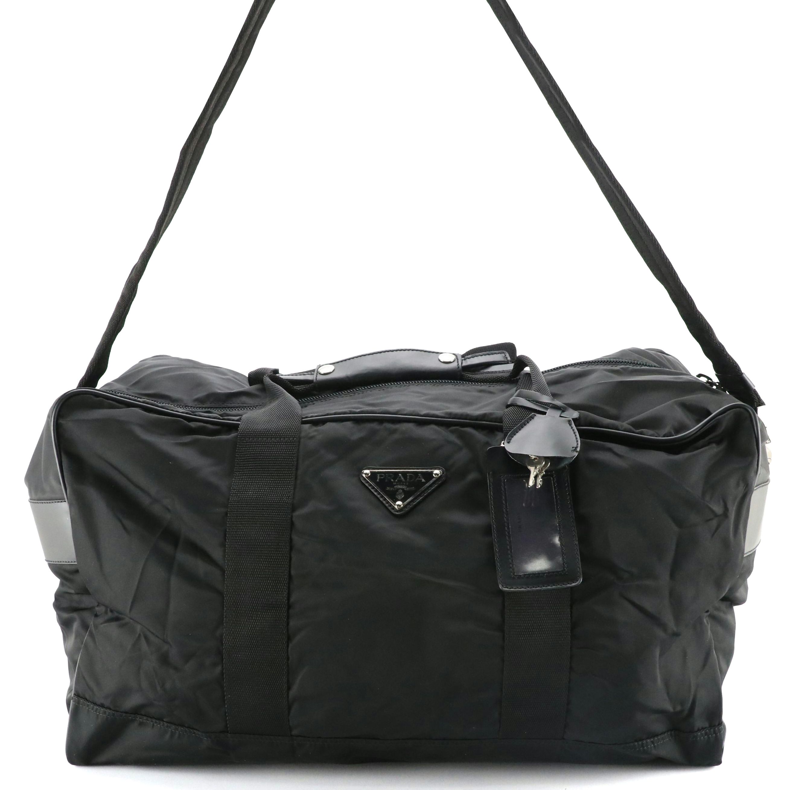 Prada Black Tessuto Nylon and Leather Weekender 2-Way Duffle Bag