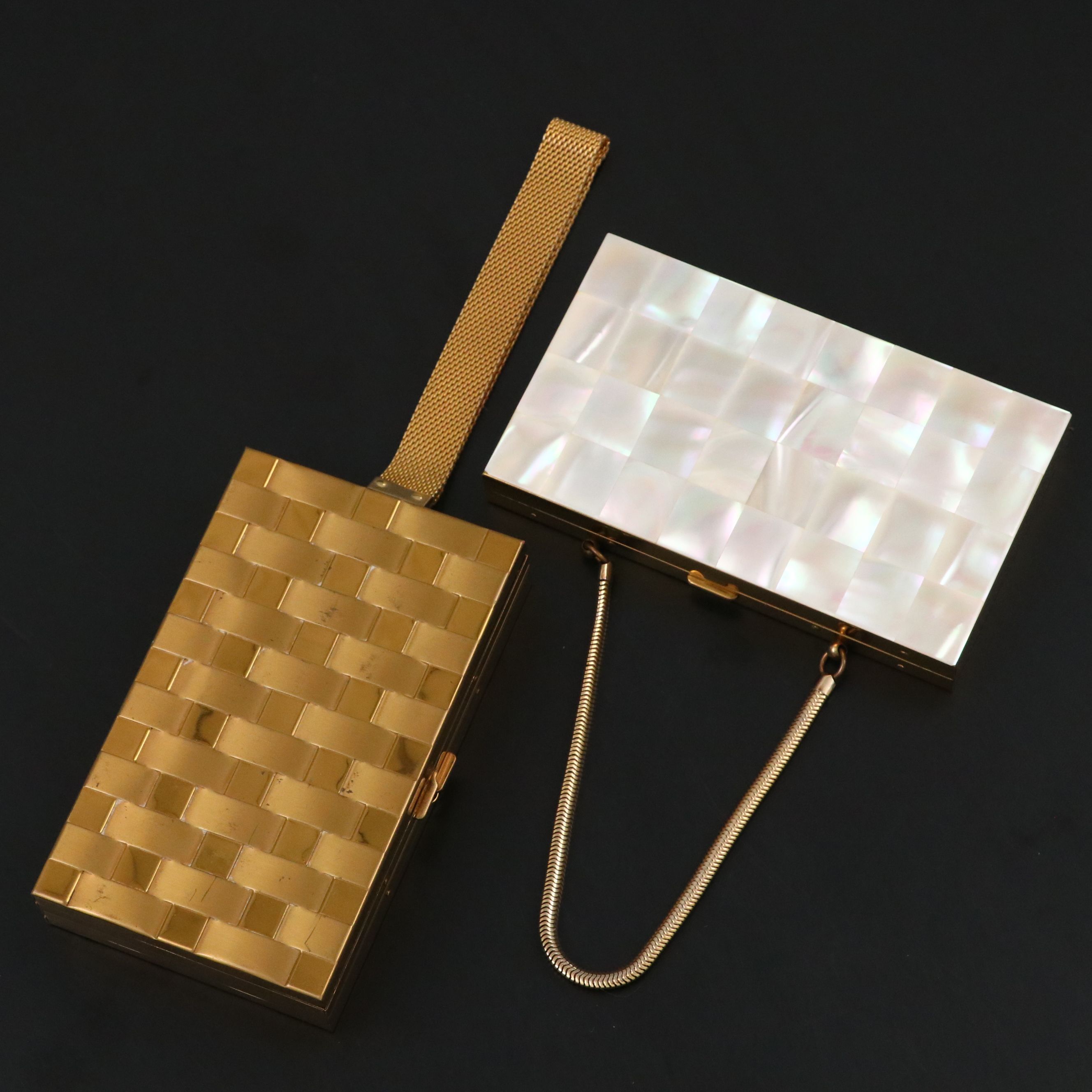 Marhill Mother-of-Pearl and Basket Weave Style Metal Compacts