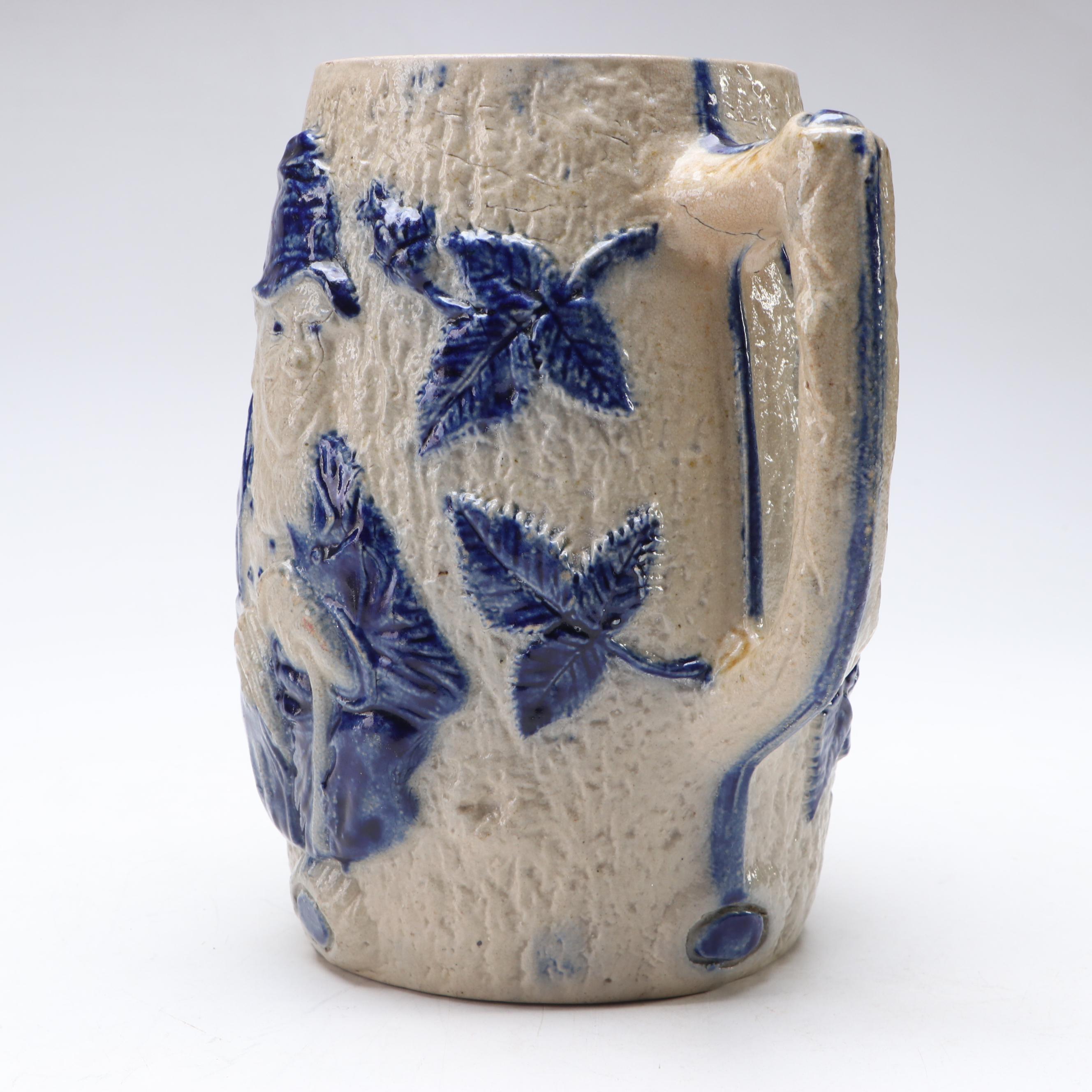 Whites of Utica American Stoneware Figural Relief Molded Pitcher