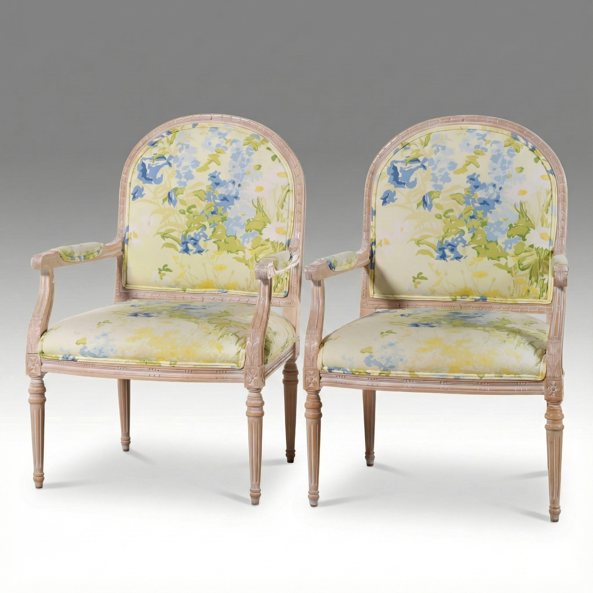 Pair of Louis XV Style White Washed Wood Fauteuils