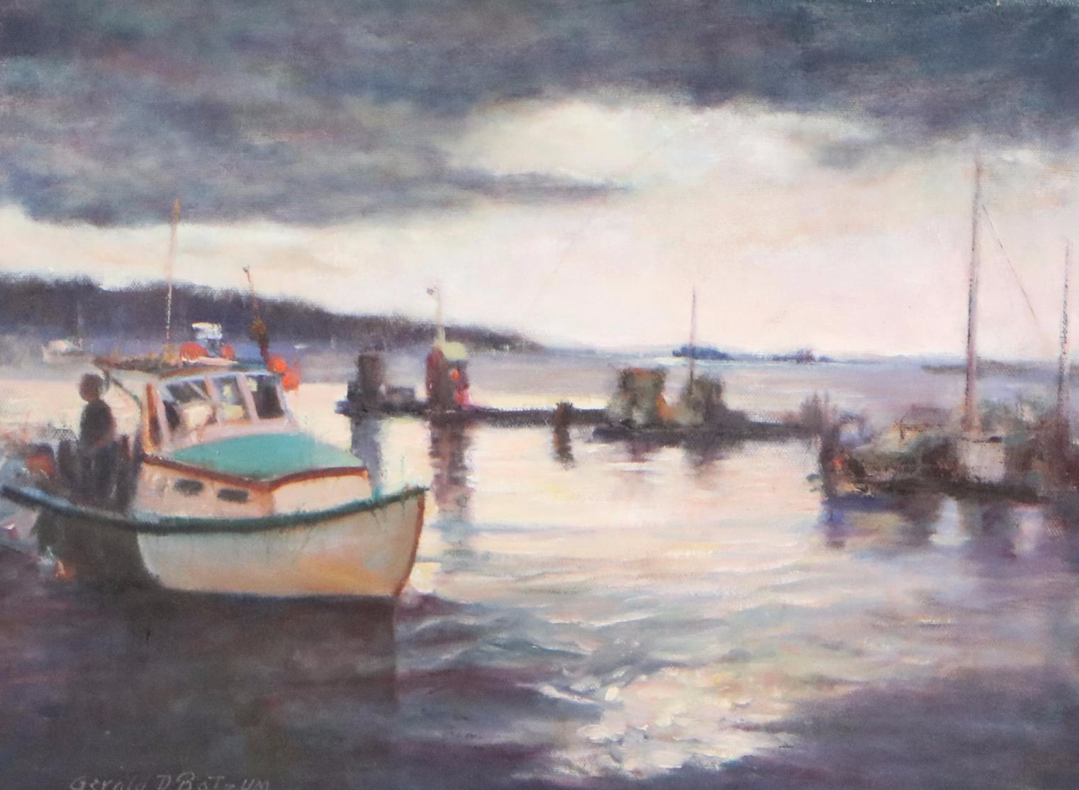 Gerald D. Botzum Harbor Scene Oil Painting "Moments of Silver," 2000