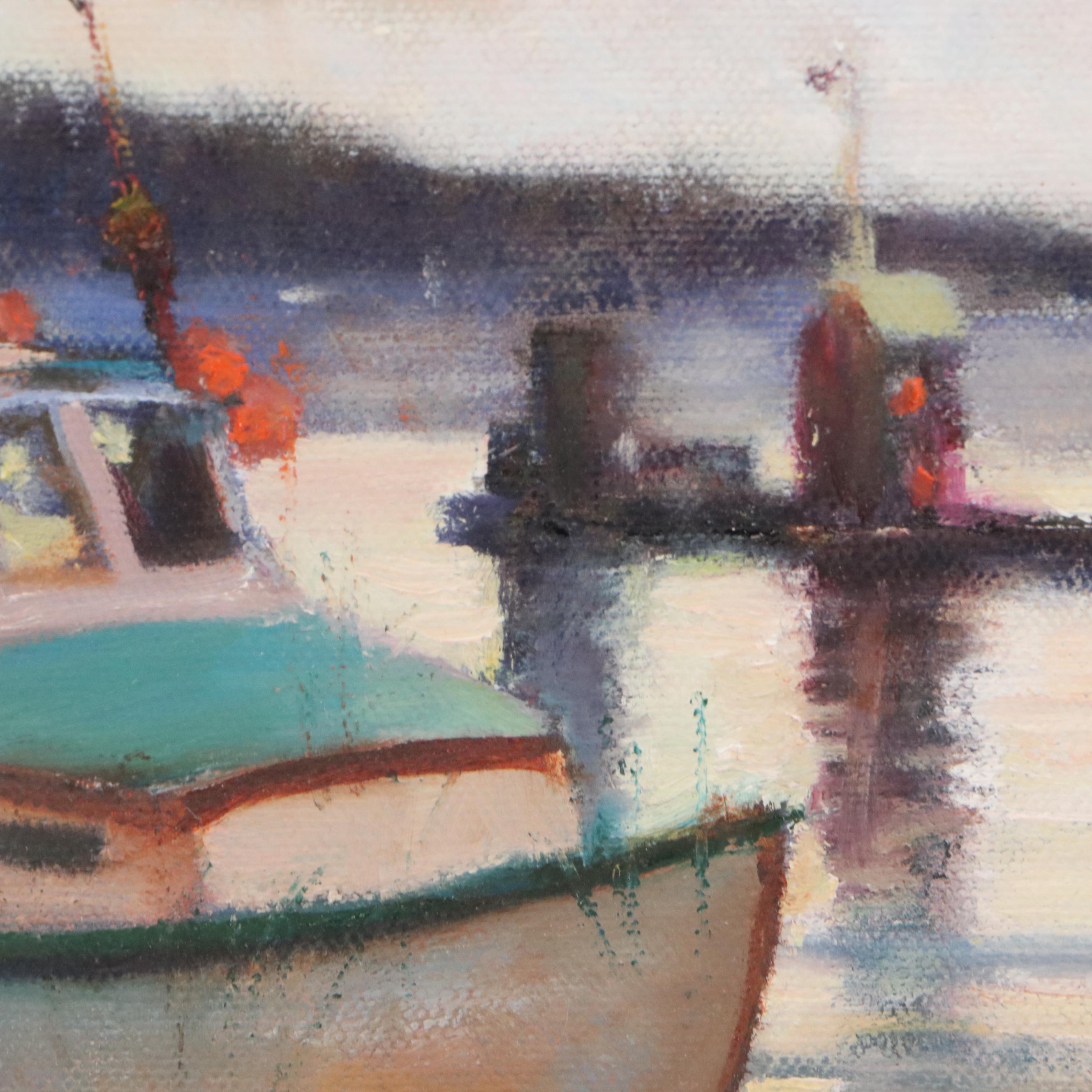 Gerald D. Botzum Harbor Scene Oil Painting "Moments of Silver," 2000