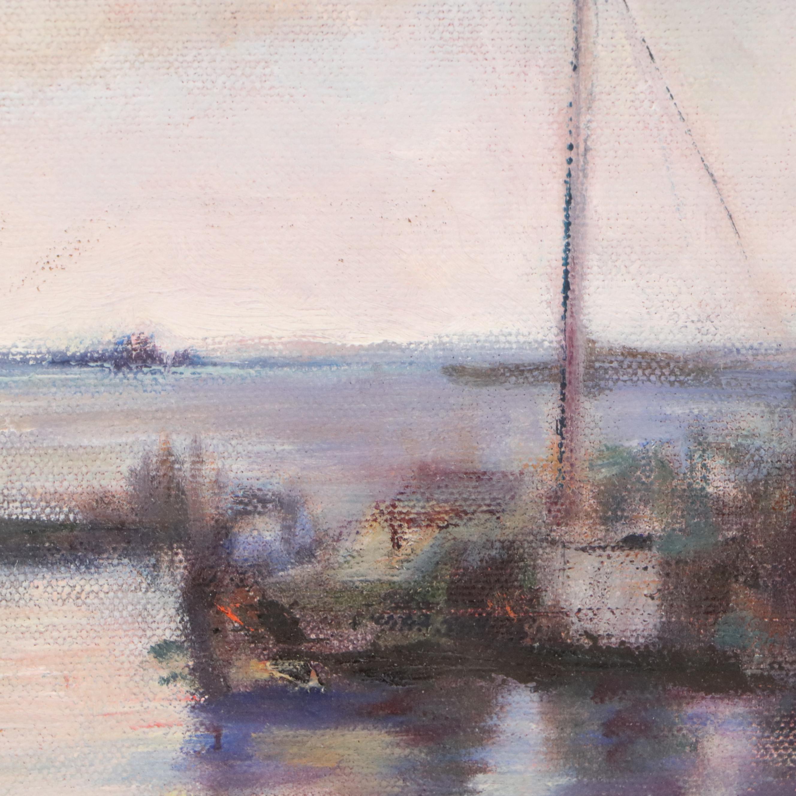 Gerald D. Botzum Harbor Scene Oil Painting "Moments of Silver," 2000