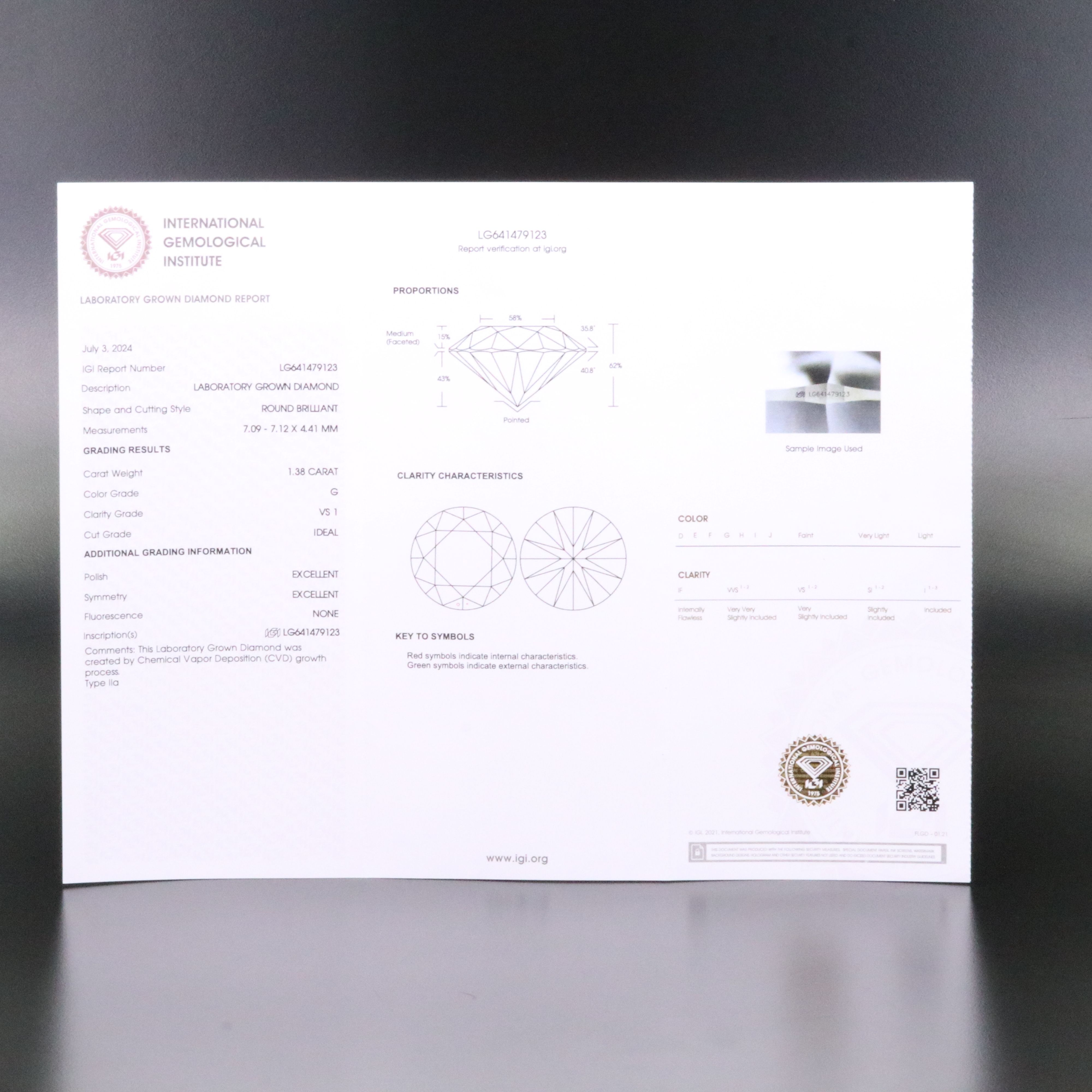 Loose 1.38 CT Lab Grown Diamond with IGI Report