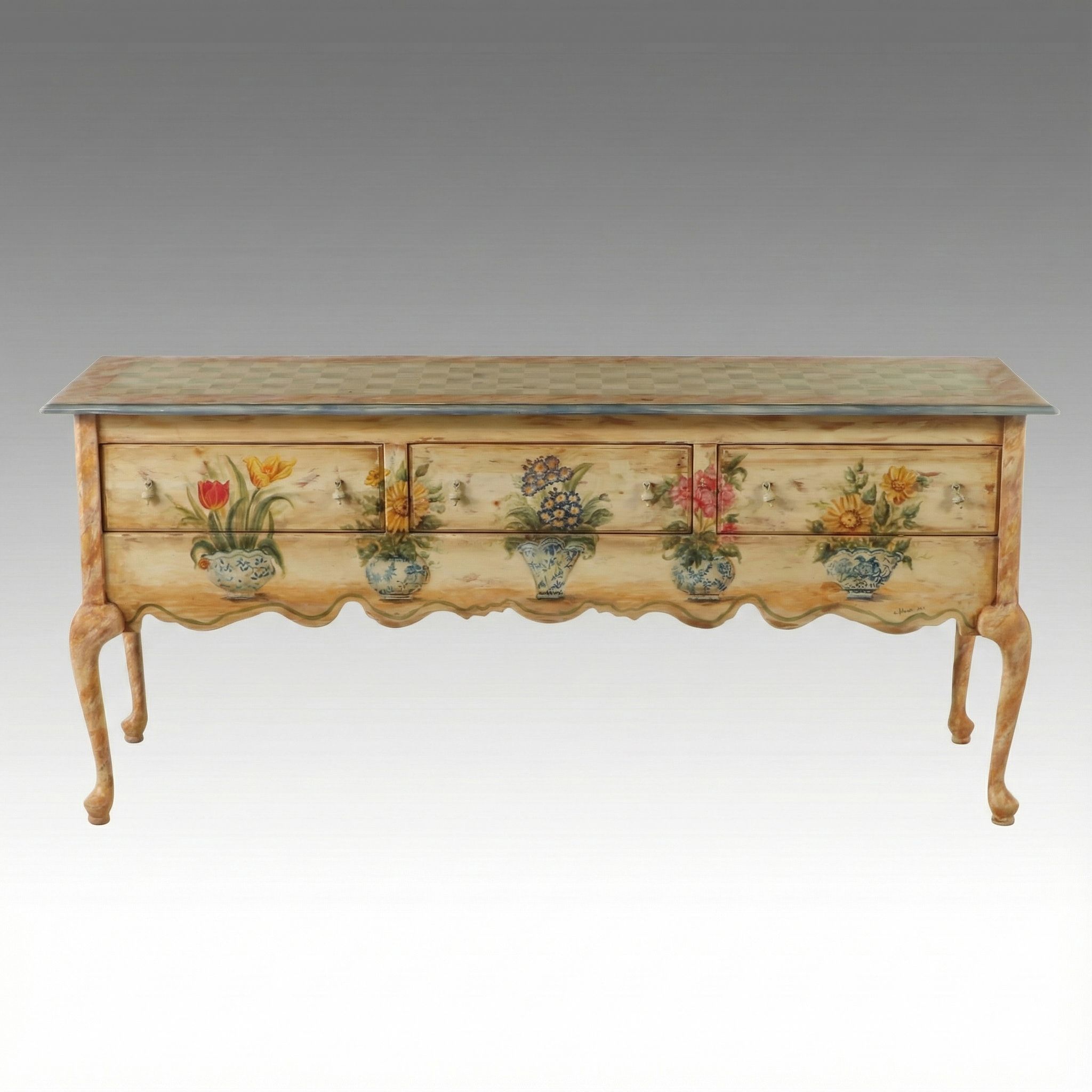 French Provincial Style Hand-Painted Console Table Signed "L. Russell 2000"