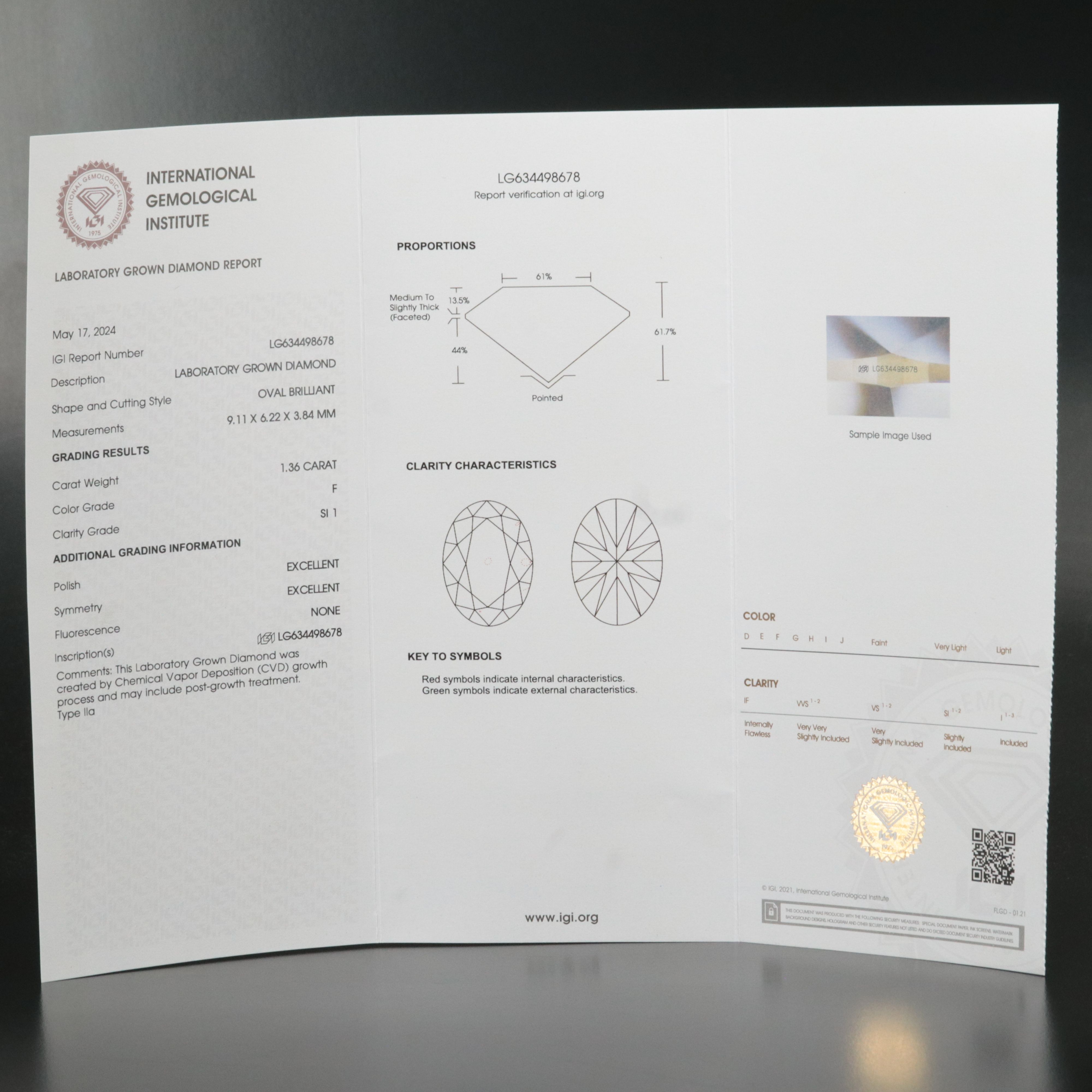 Loose 1.36 CT Lab Grown Diamond with IGI Report