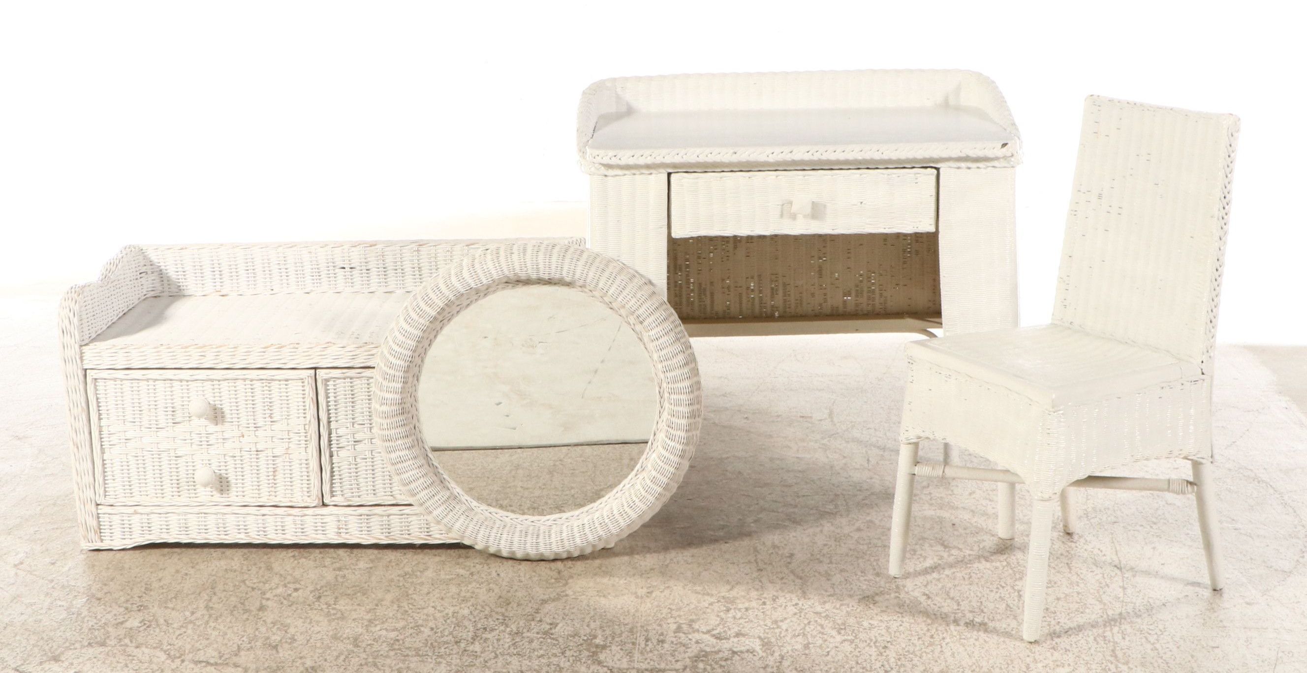 Vintage White Wicker Dressing Table, Chair, Wall Mirror and Storage Bench