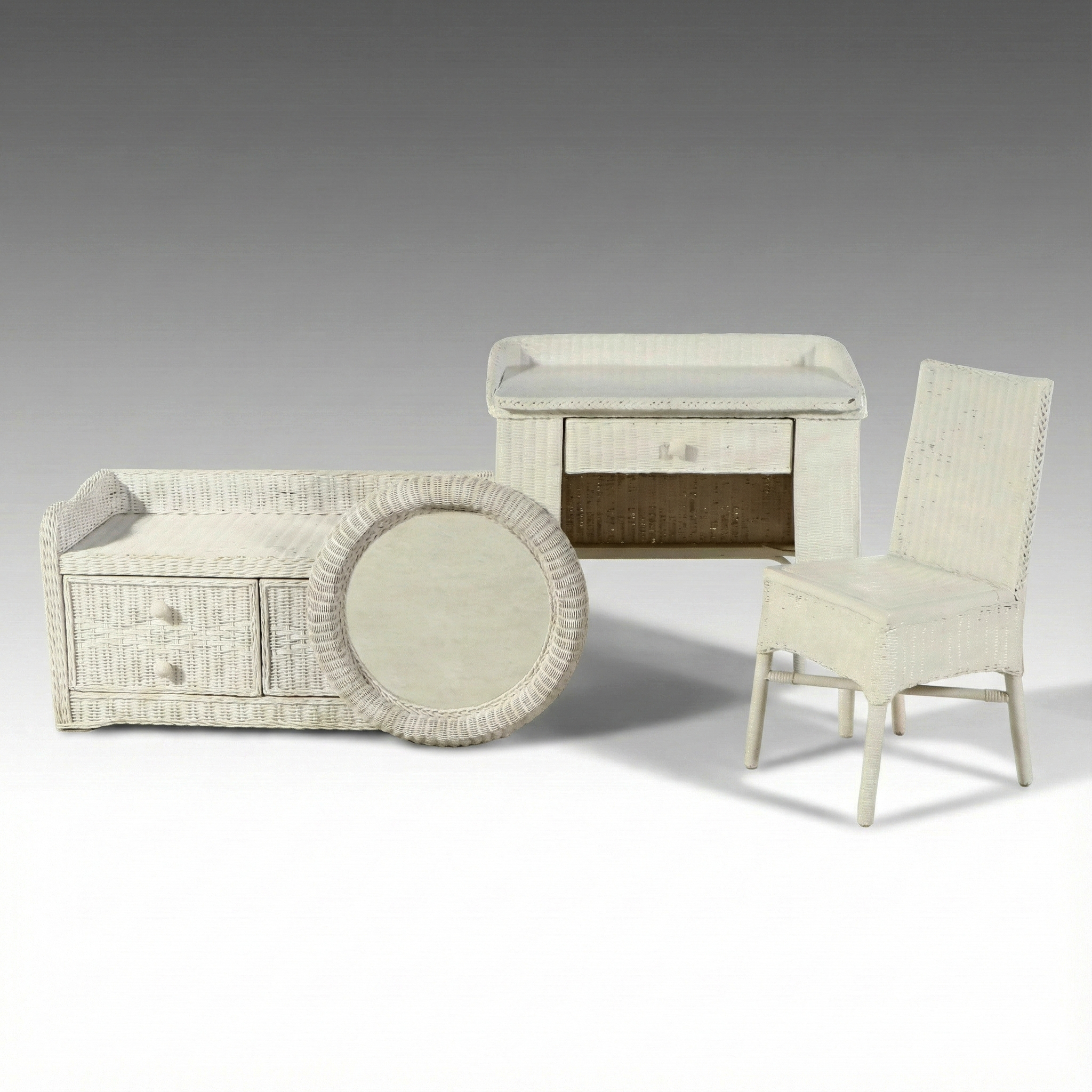 Vintage White Wicker Dressing Table, Chair, Wall Mirror and Storage Bench