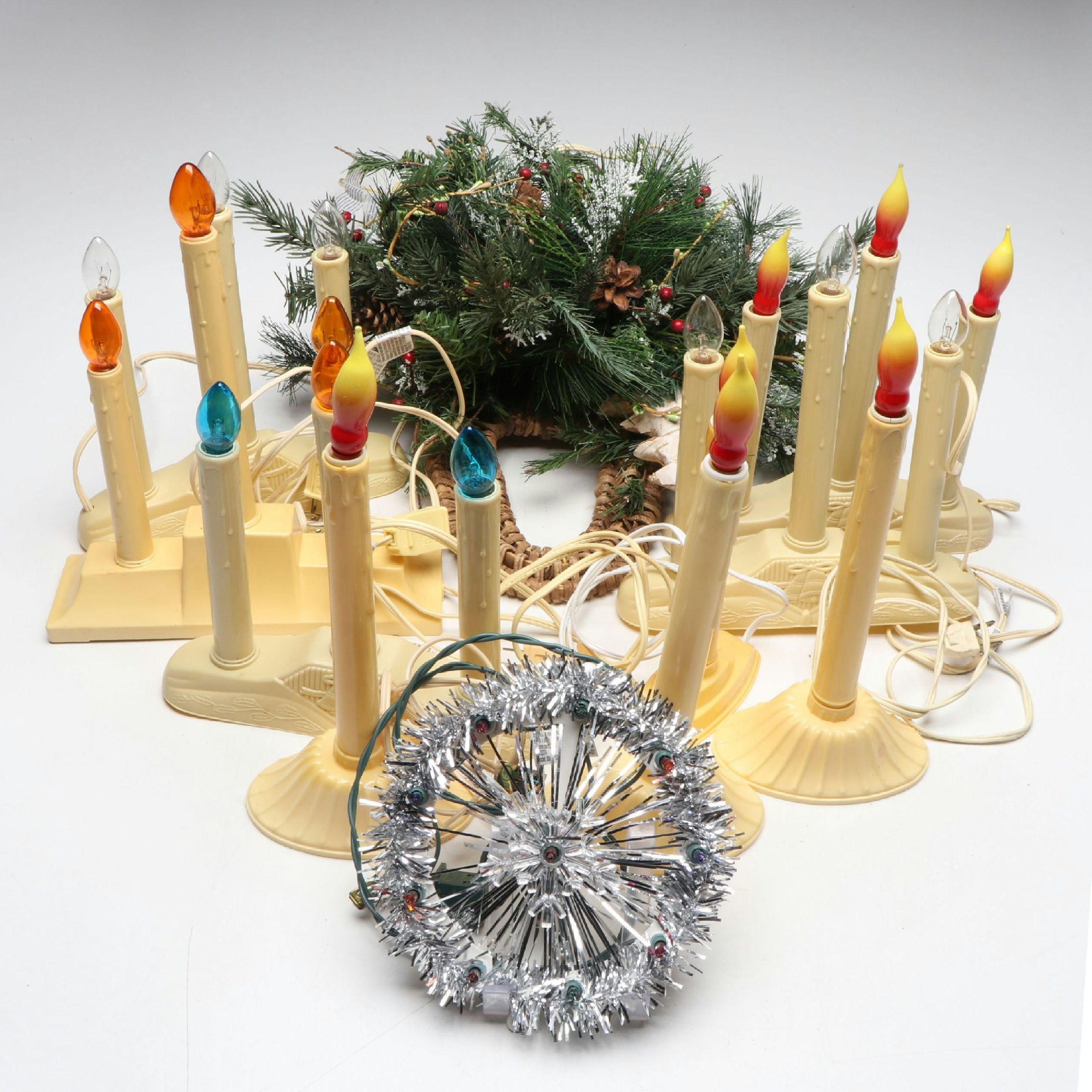 Electric Window Candles with Winter Greenery Basket and Illuminated Ornament