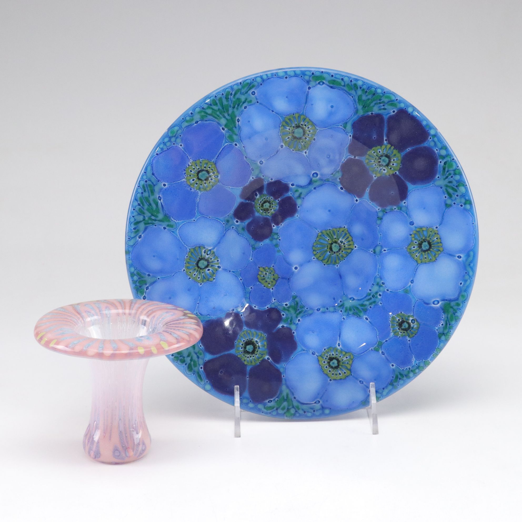 Higgins Glass Pink Dropout Vase & Cobalt Fused Glass Plate