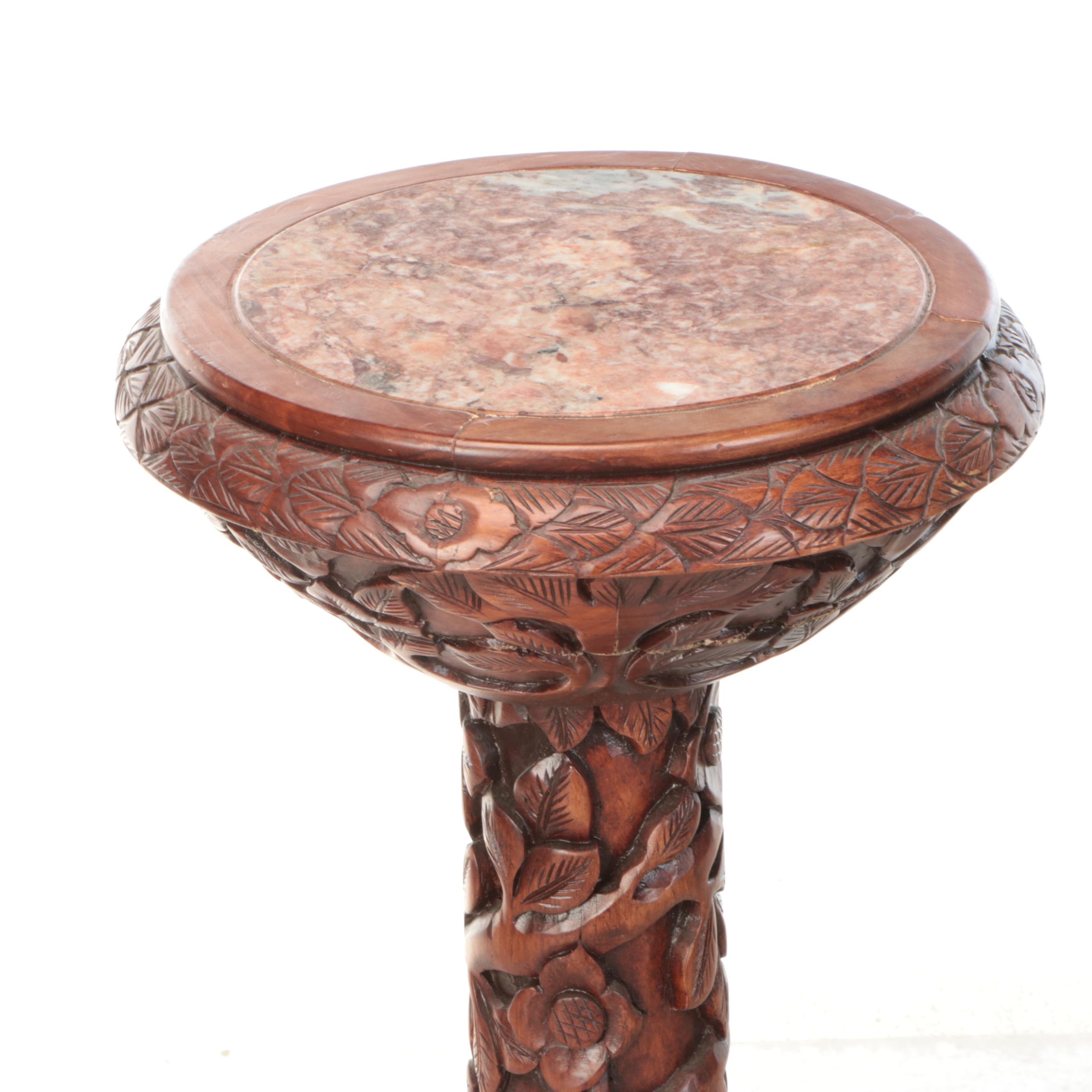 Marble and Carved Wood Plant Stand
