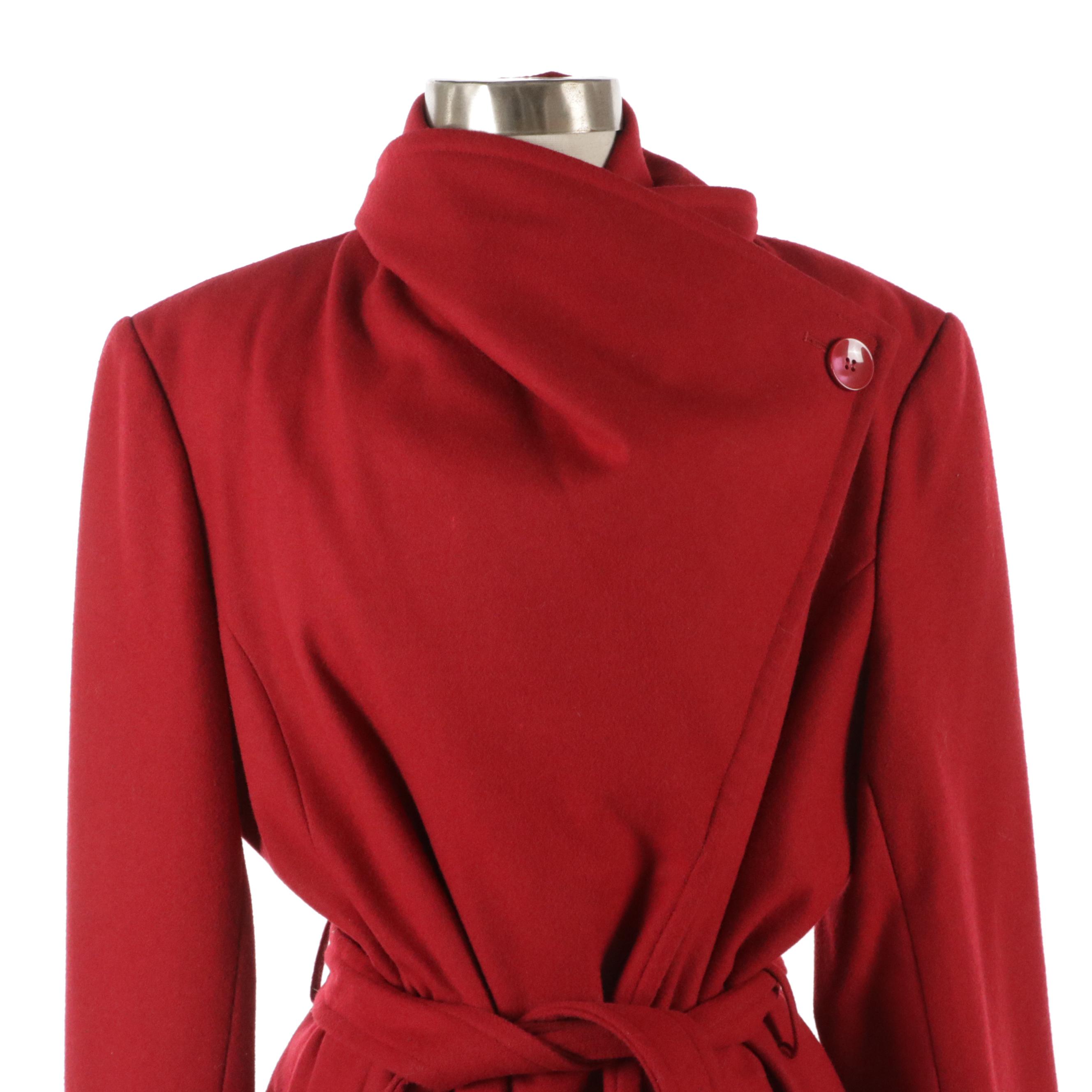 Alorna Vintage Grey Wool Blend Midi Coat, Collezione Cherry Red Wool Wrap Coat