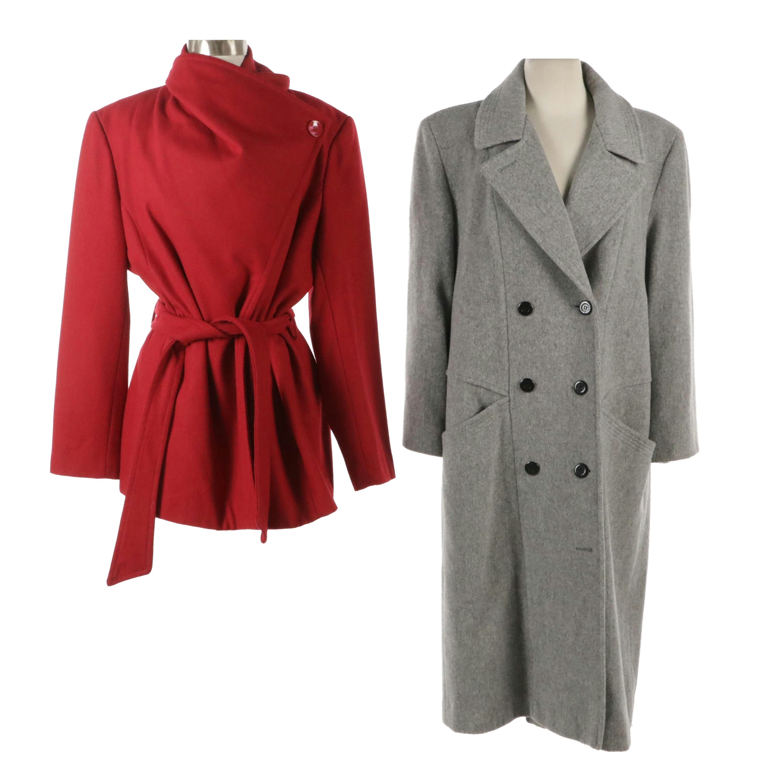 Alorna Vintage Grey Wool Blend Midi Coat, Collezione Cherry Red Wool Wrap Coat