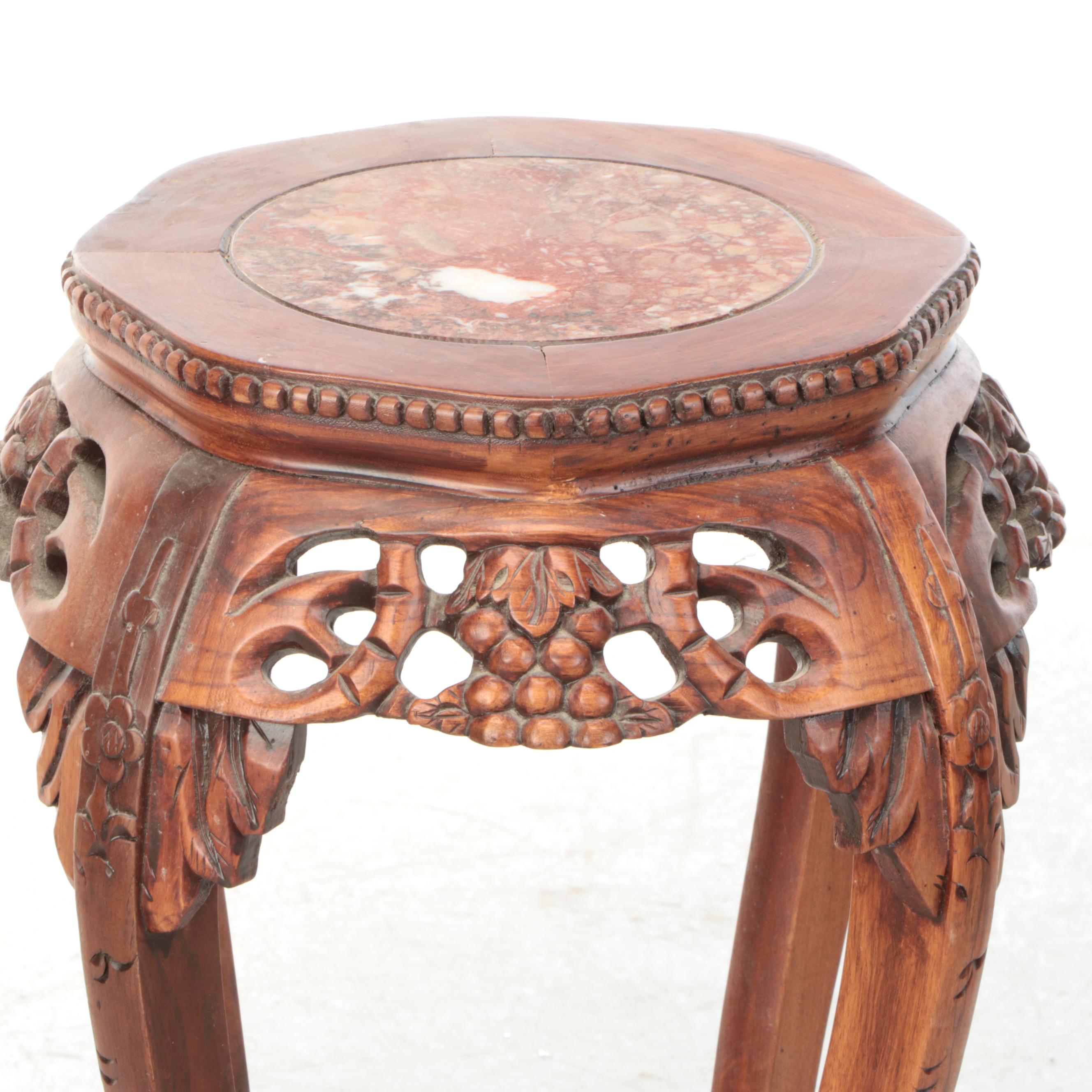 Chinese Carved Rosewood Marble Top Plant Stand, 20th Century