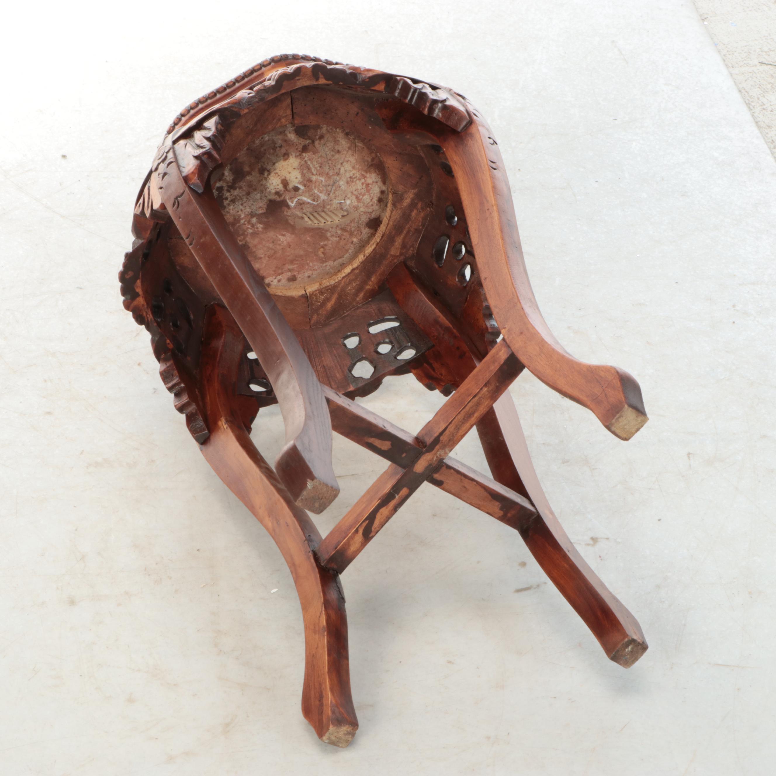 Chinese Carved Rosewood Marble Top Plant Stand, 20th Century