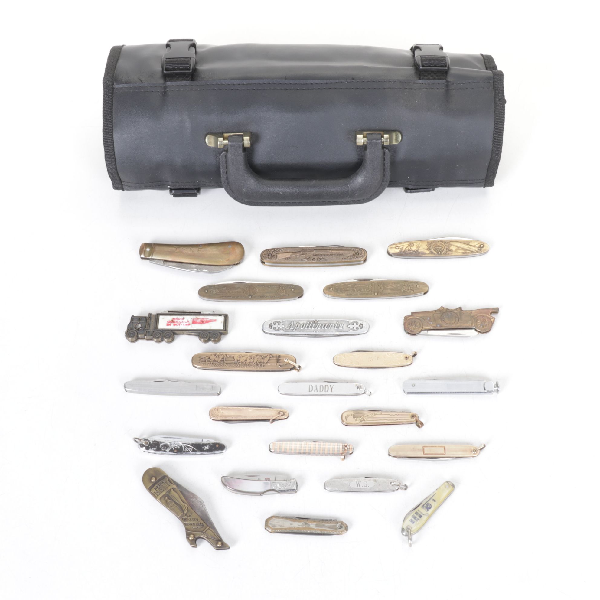 Assorted Brass Handled & Novelty Pocket Knives with Case