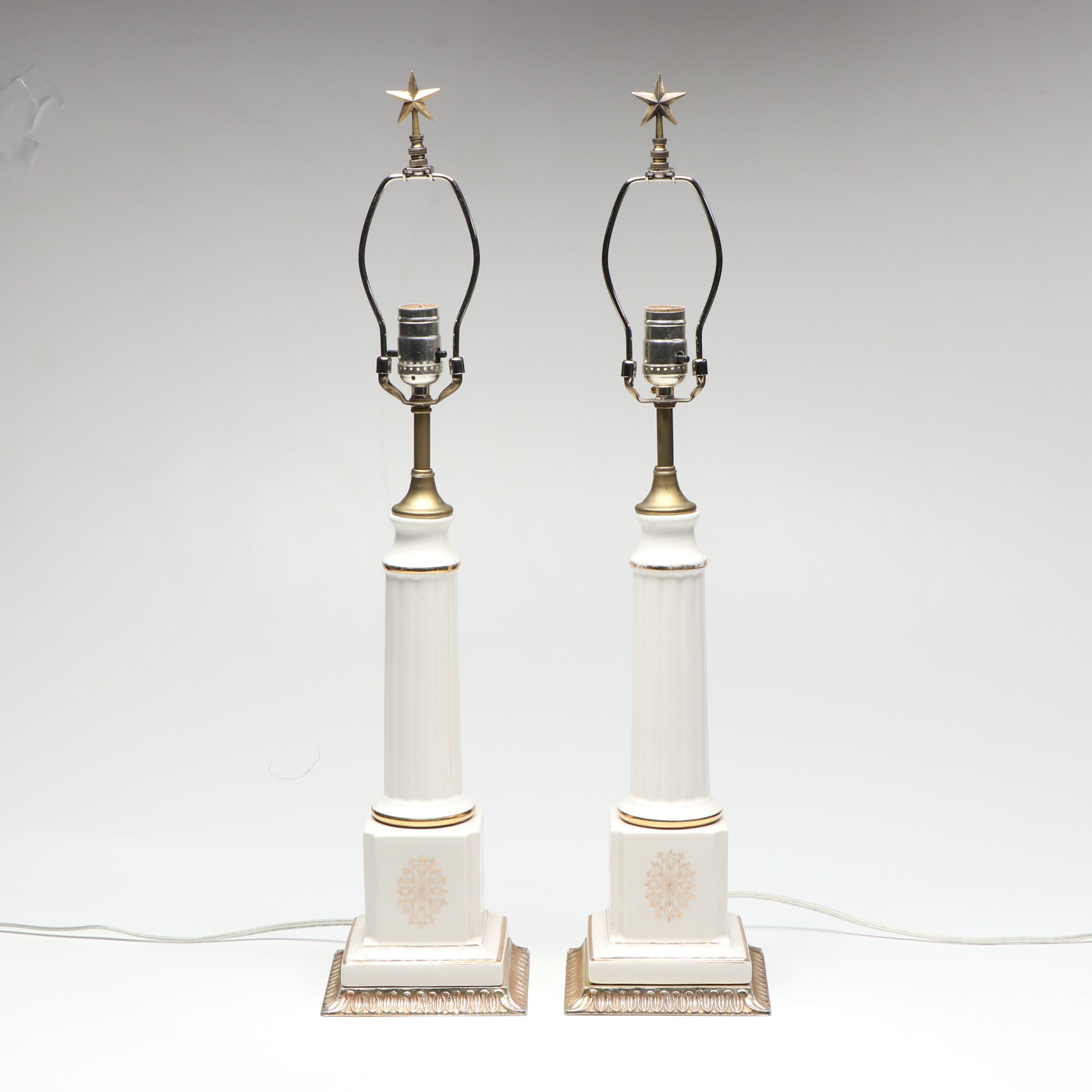 Neoclassical Style Ceramic Column Table Lamp Pair with Black Paper Shades