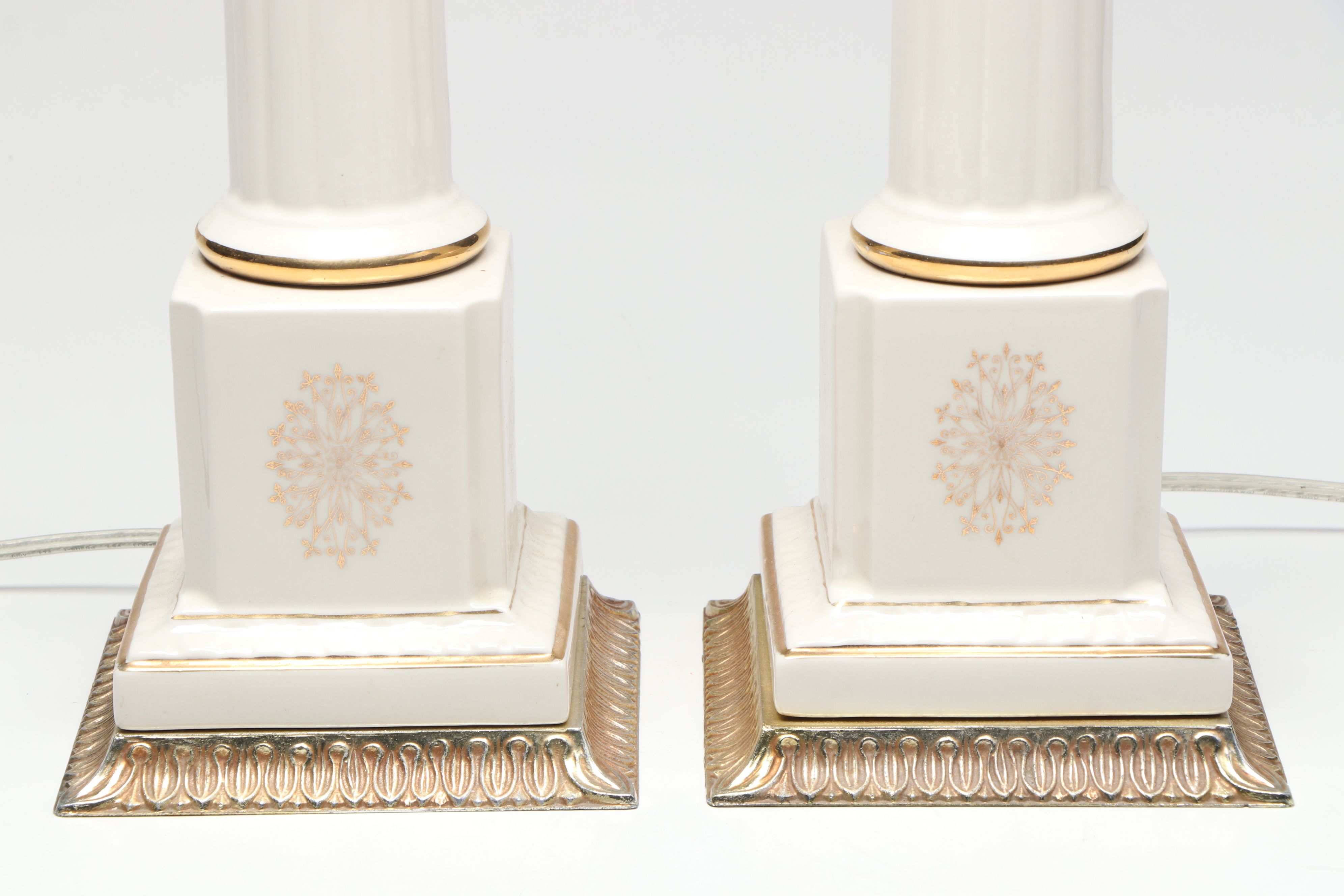 Neoclassical Style Ceramic Column Table Lamp Pair with Black Paper Shades