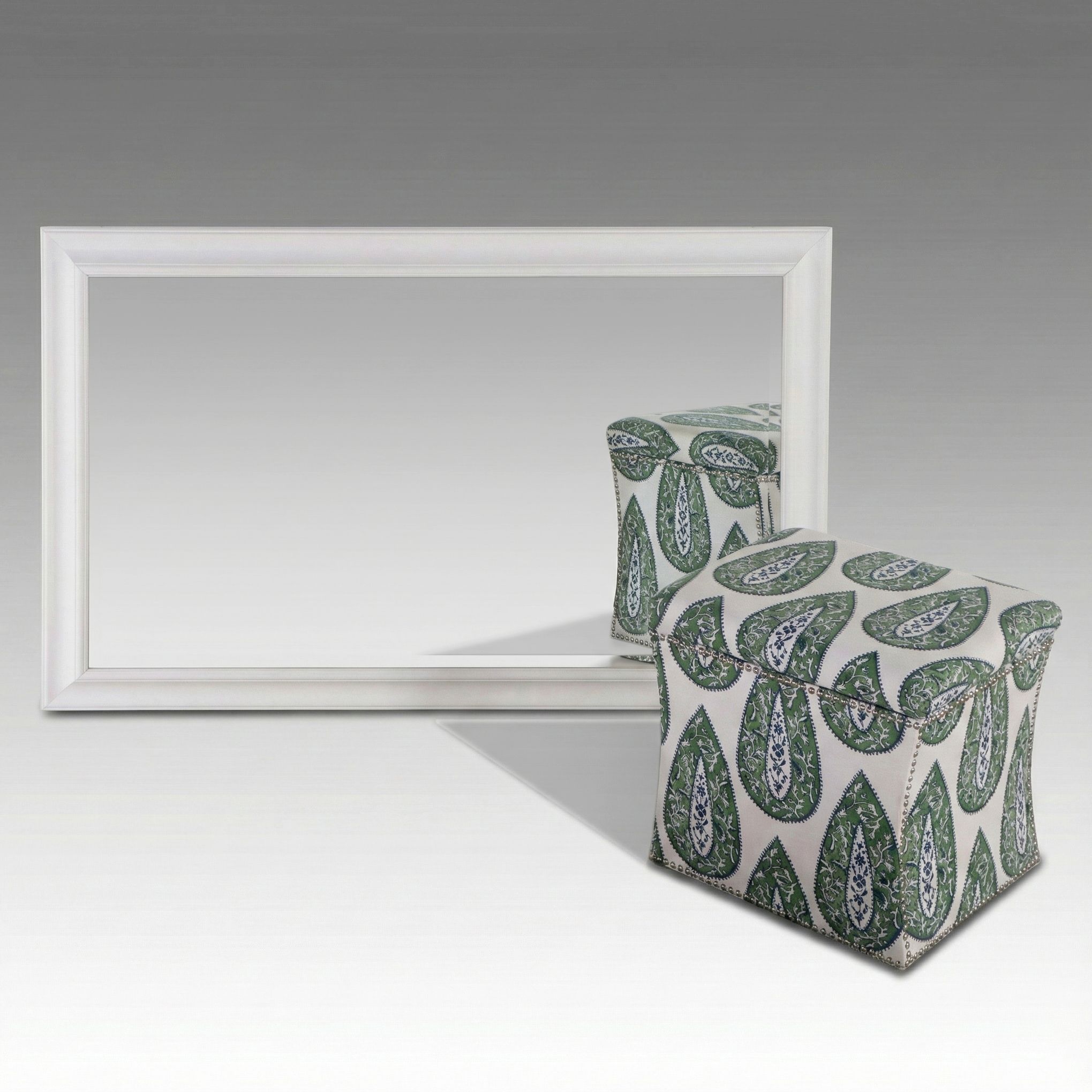 Contemporary Rectangular Wall Mirror with Paisley Printed Storage Ottoman