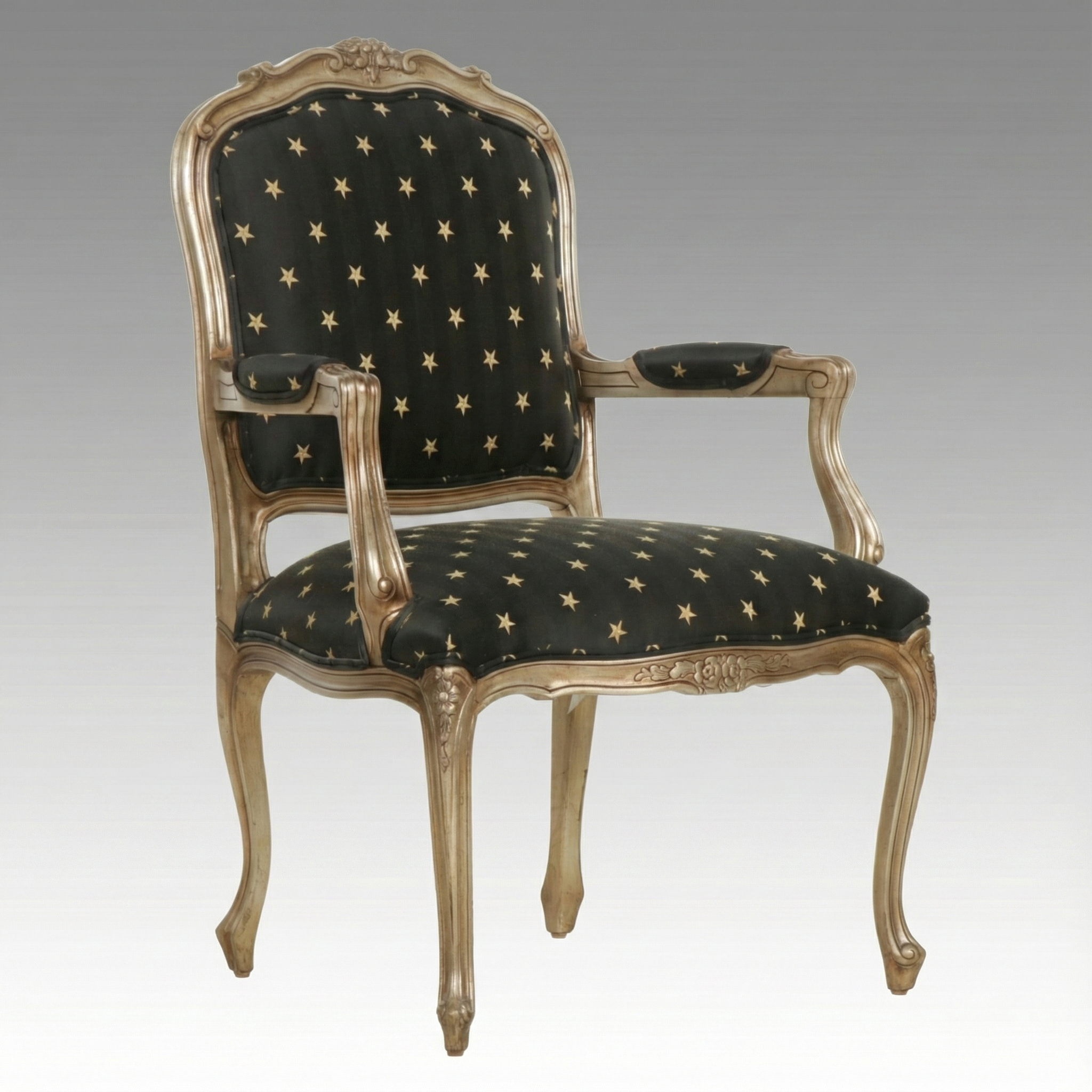 Ethan Allen Louis XV Style Fauteuil with Embroidered Star Upholstery, 1998