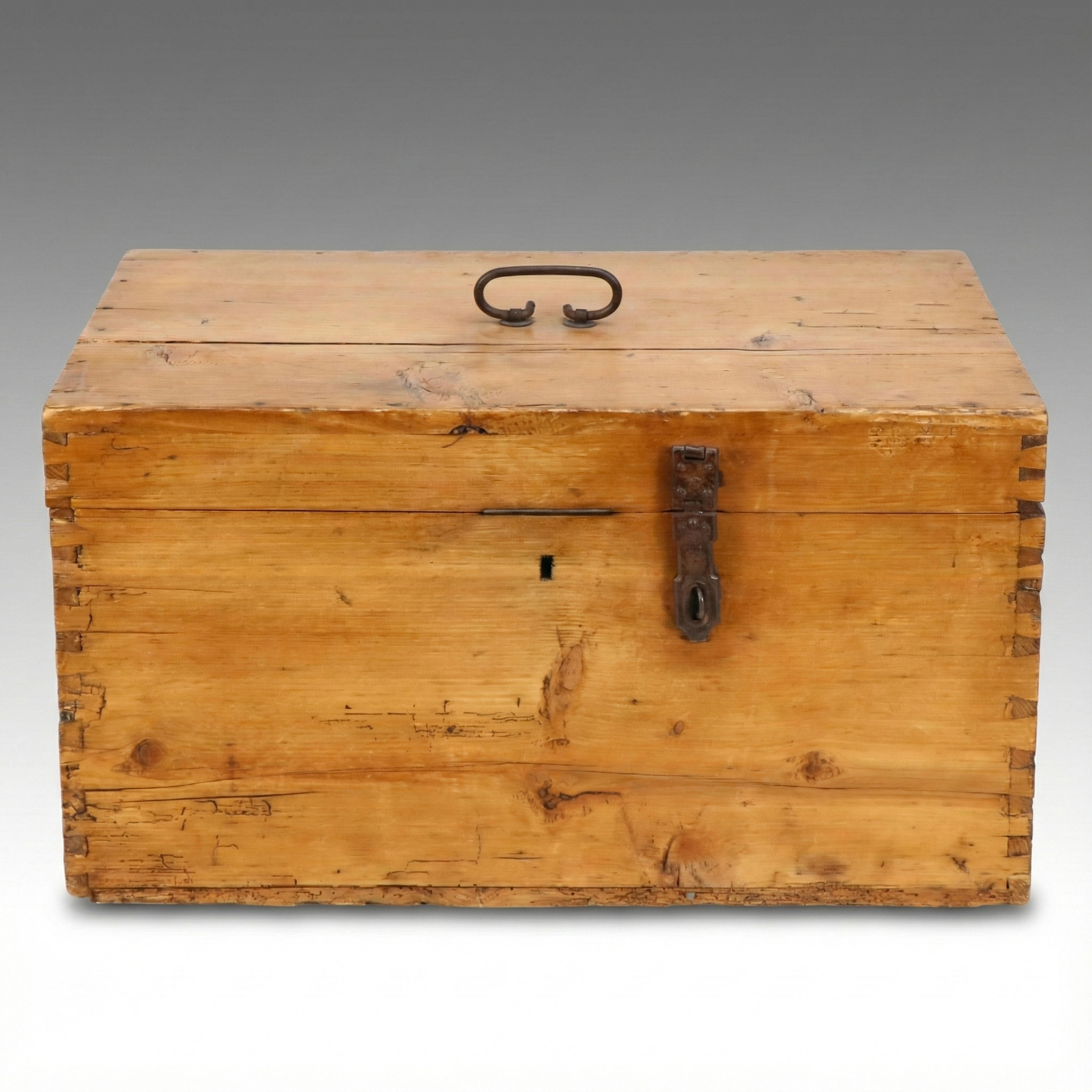 Victorian Dovetailed Pin Chest with Wrought Iron Handle and Lock, 19th Century