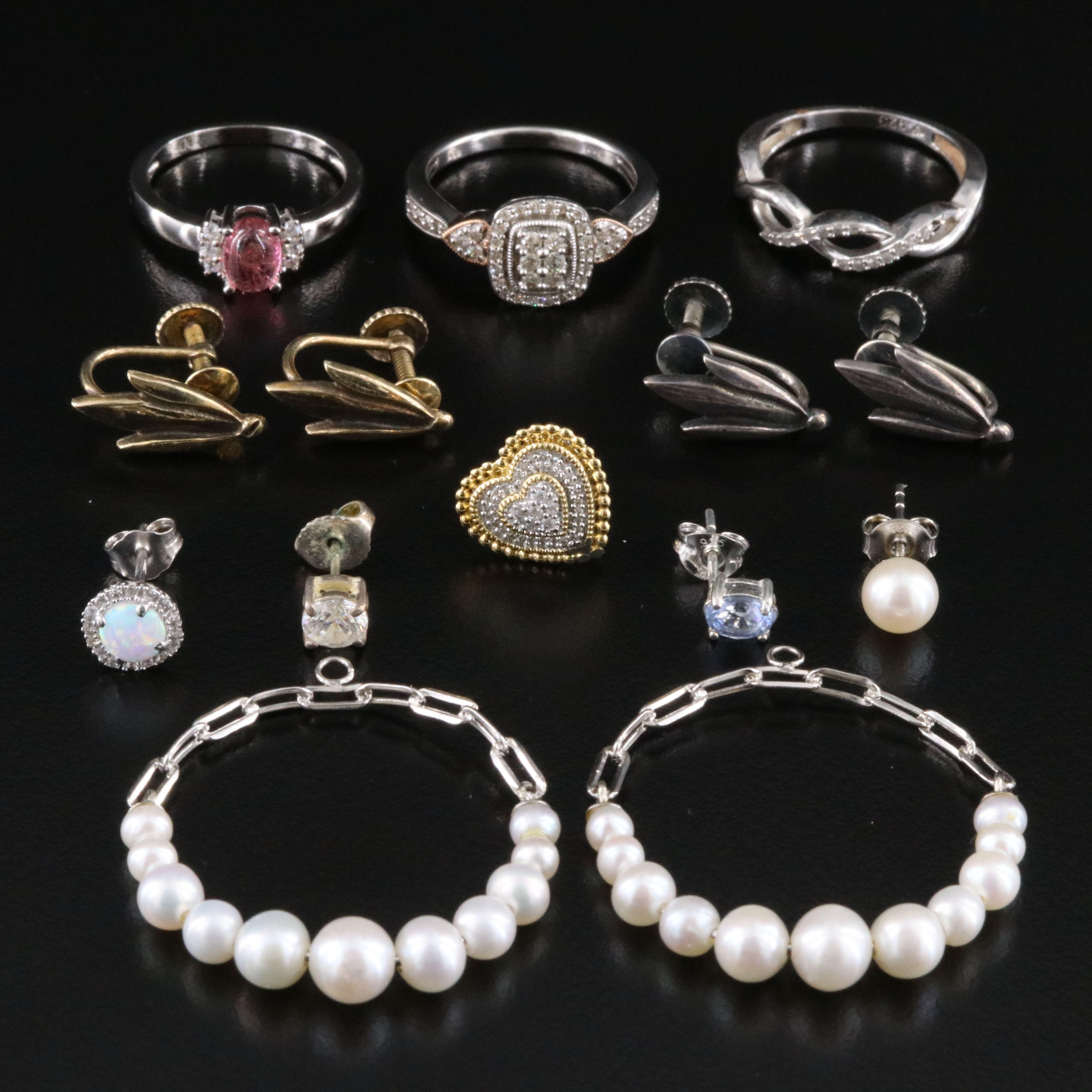 Sterling Rings and Earrings Including Pearls, Diamonds and Opals