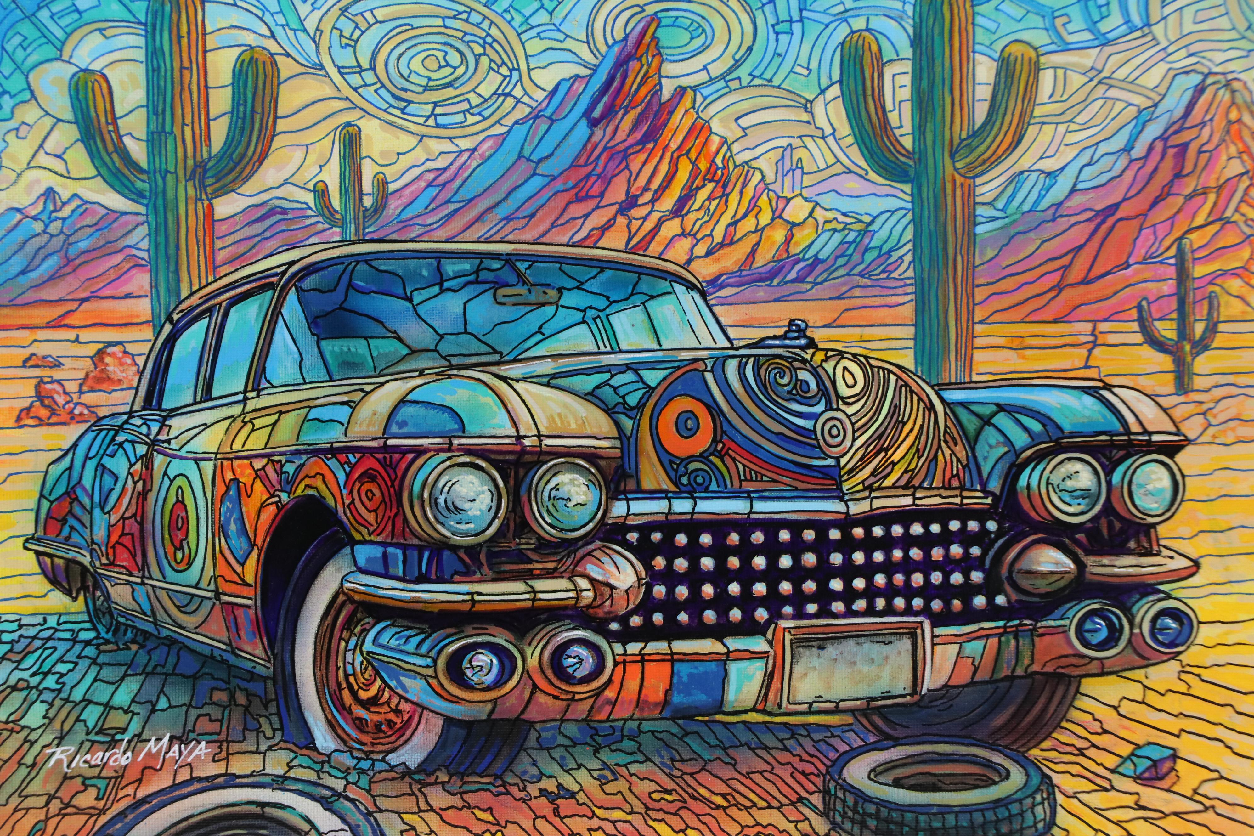Ricardo Maya Desert Landscape with Automobile Acrylic Painting, Circa 2025