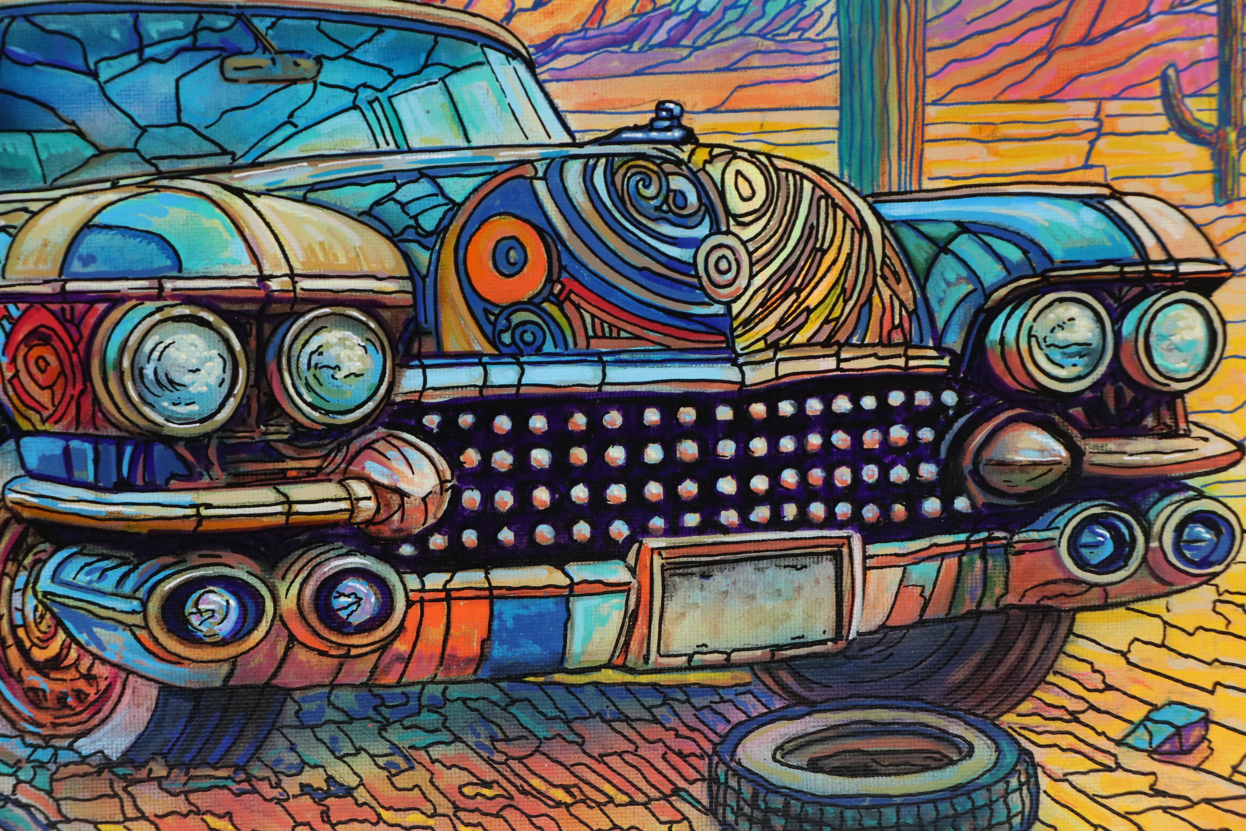 Ricardo Maya Desert Landscape with Automobile Acrylic Painting, Circa 2025