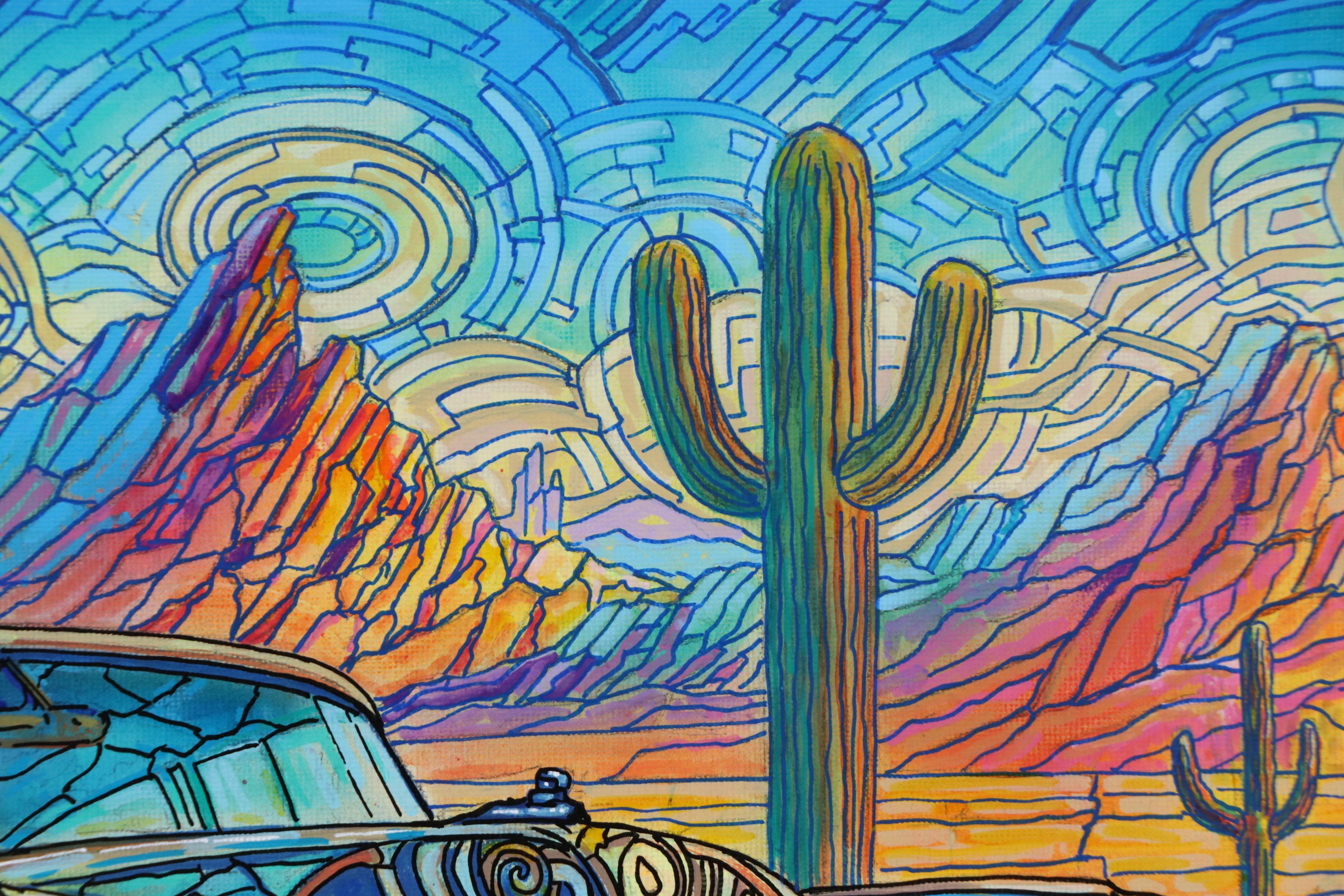 Ricardo Maya Desert Landscape with Automobile Acrylic Painting, Circa 2025