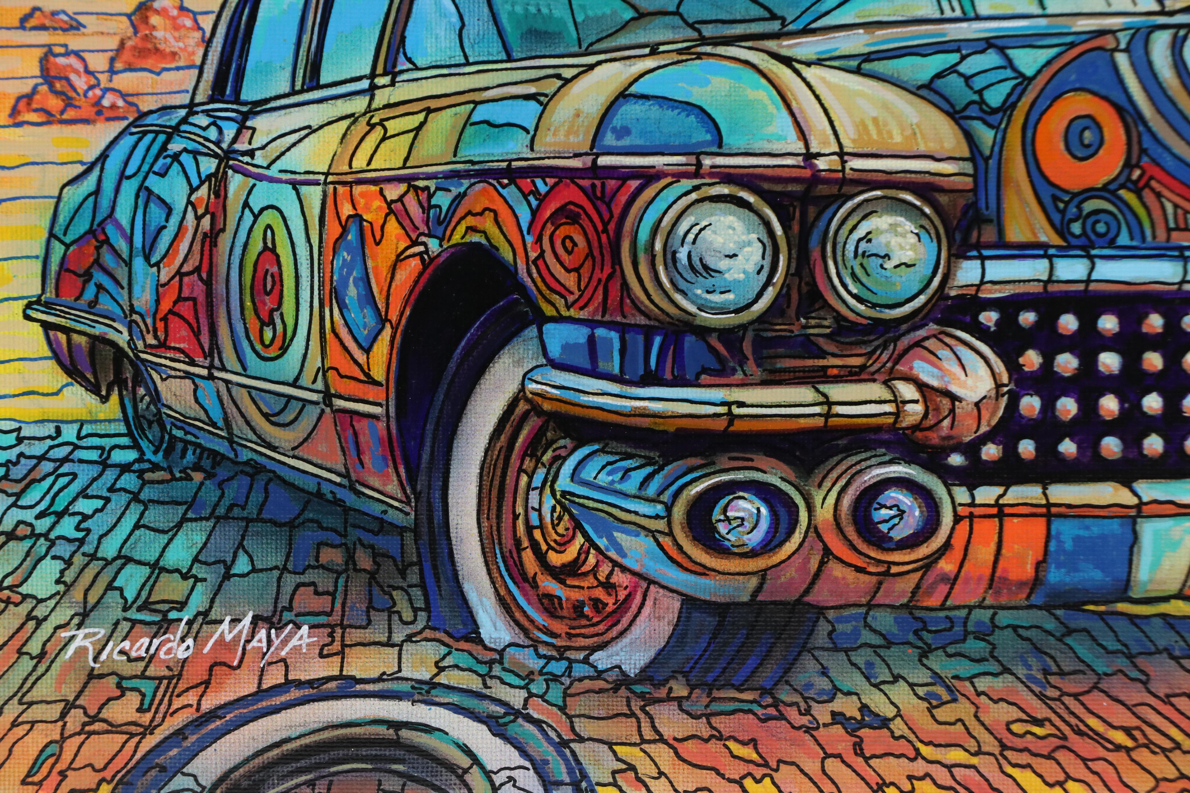 Ricardo Maya Desert Landscape with Automobile Acrylic Painting, Circa 2025