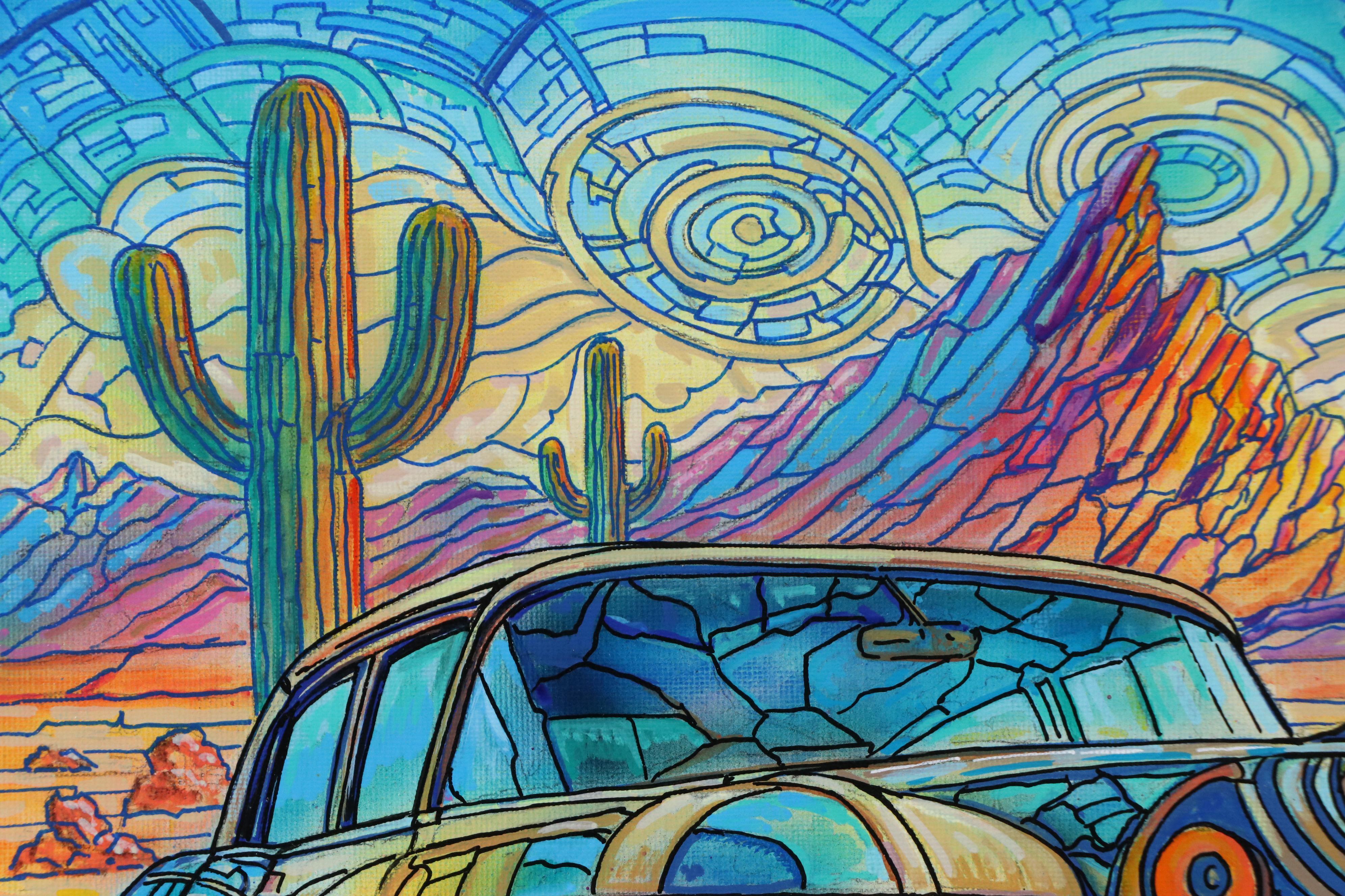 Ricardo Maya Desert Landscape with Automobile Acrylic Painting, Circa 2025