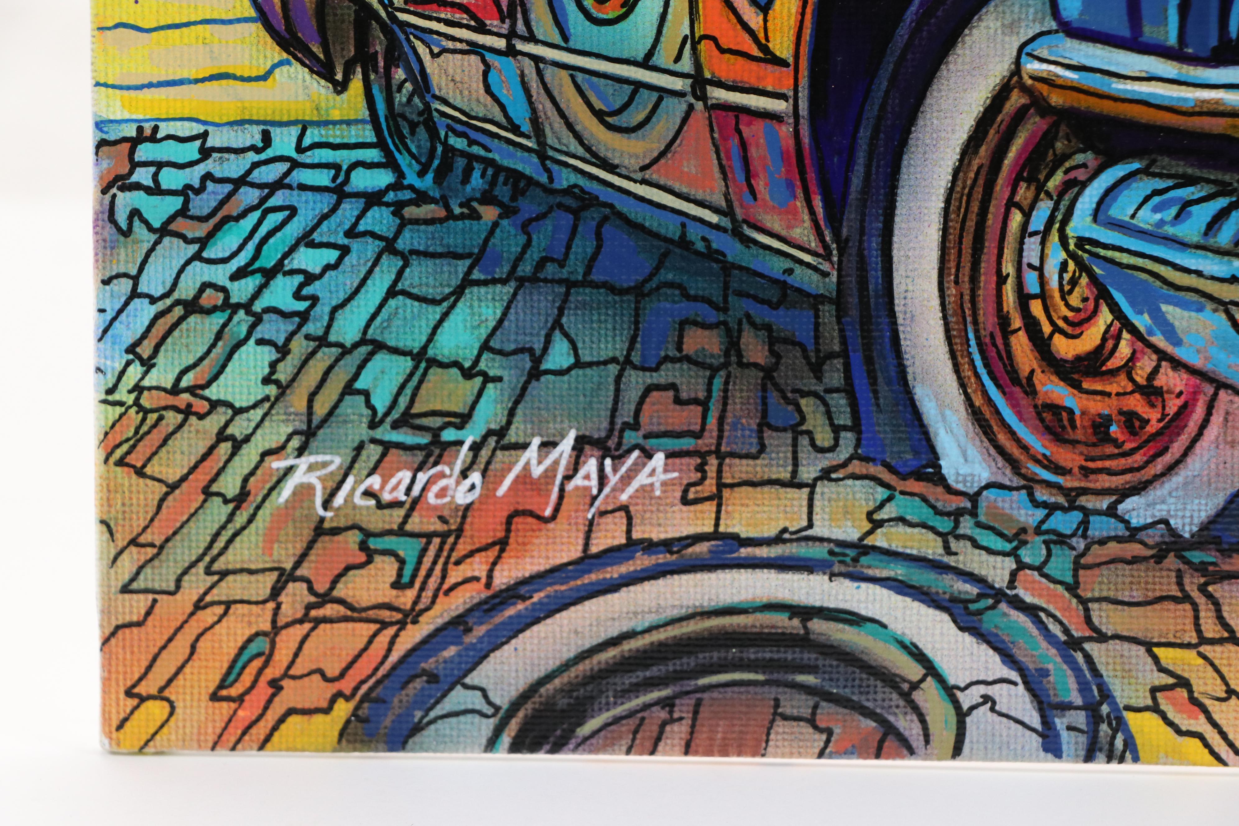 Ricardo Maya Desert Landscape with Automobile Acrylic Painting, Circa 2025