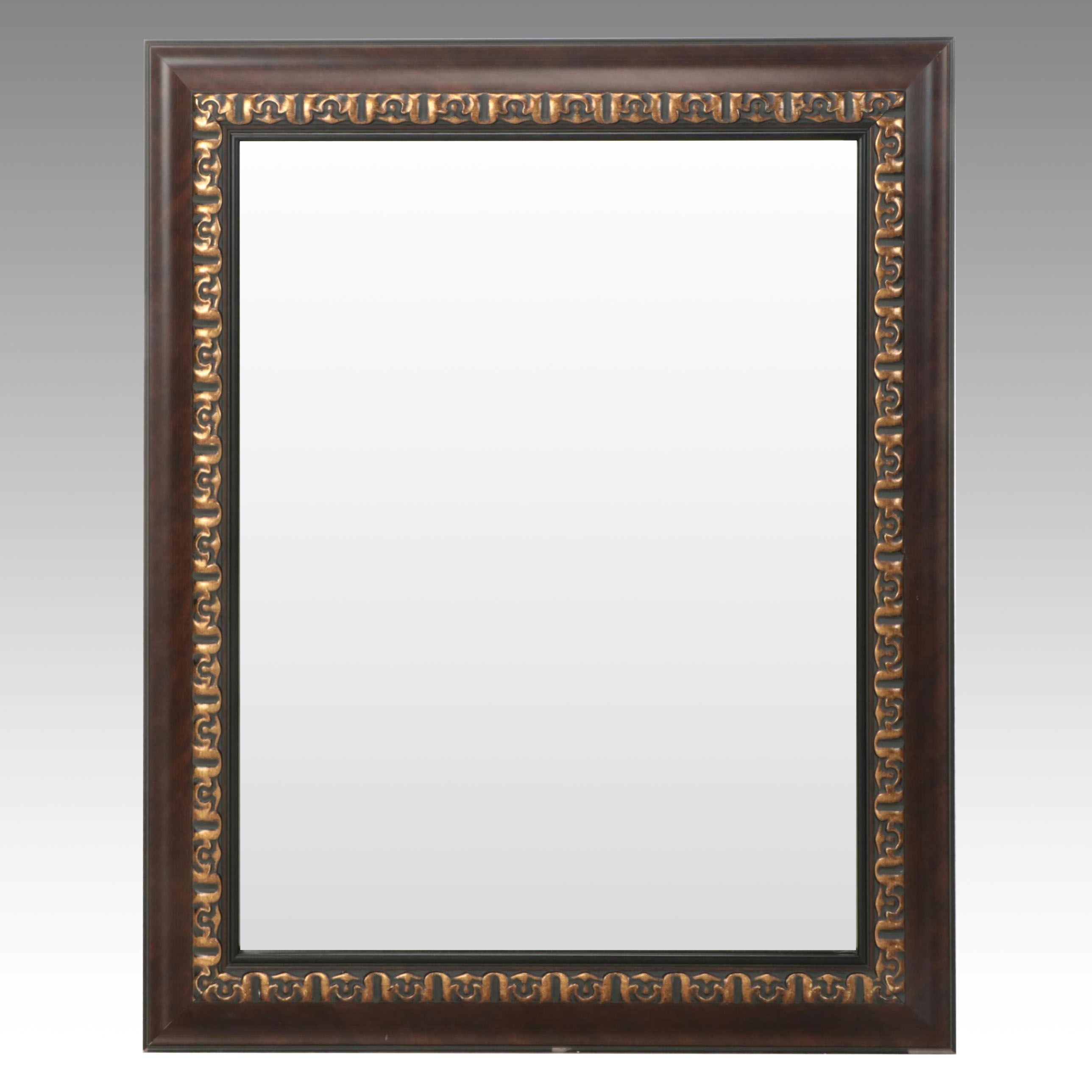 Walnut Finish Rectangular Wall Mirror with Ornate Gilt Detail
