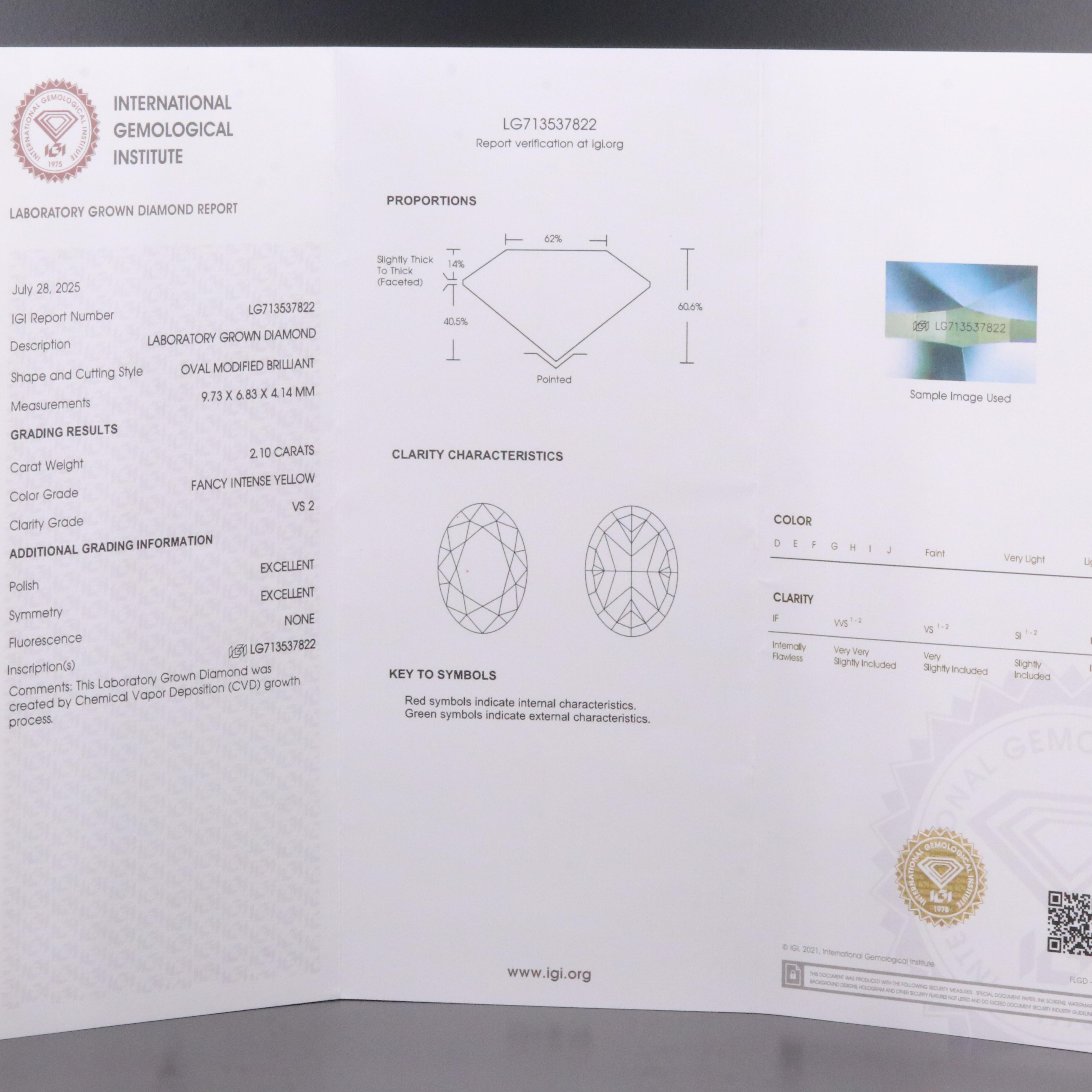 Loose 2.10 CT Lab Grown Fancy Yellow Diamond with IGI Report