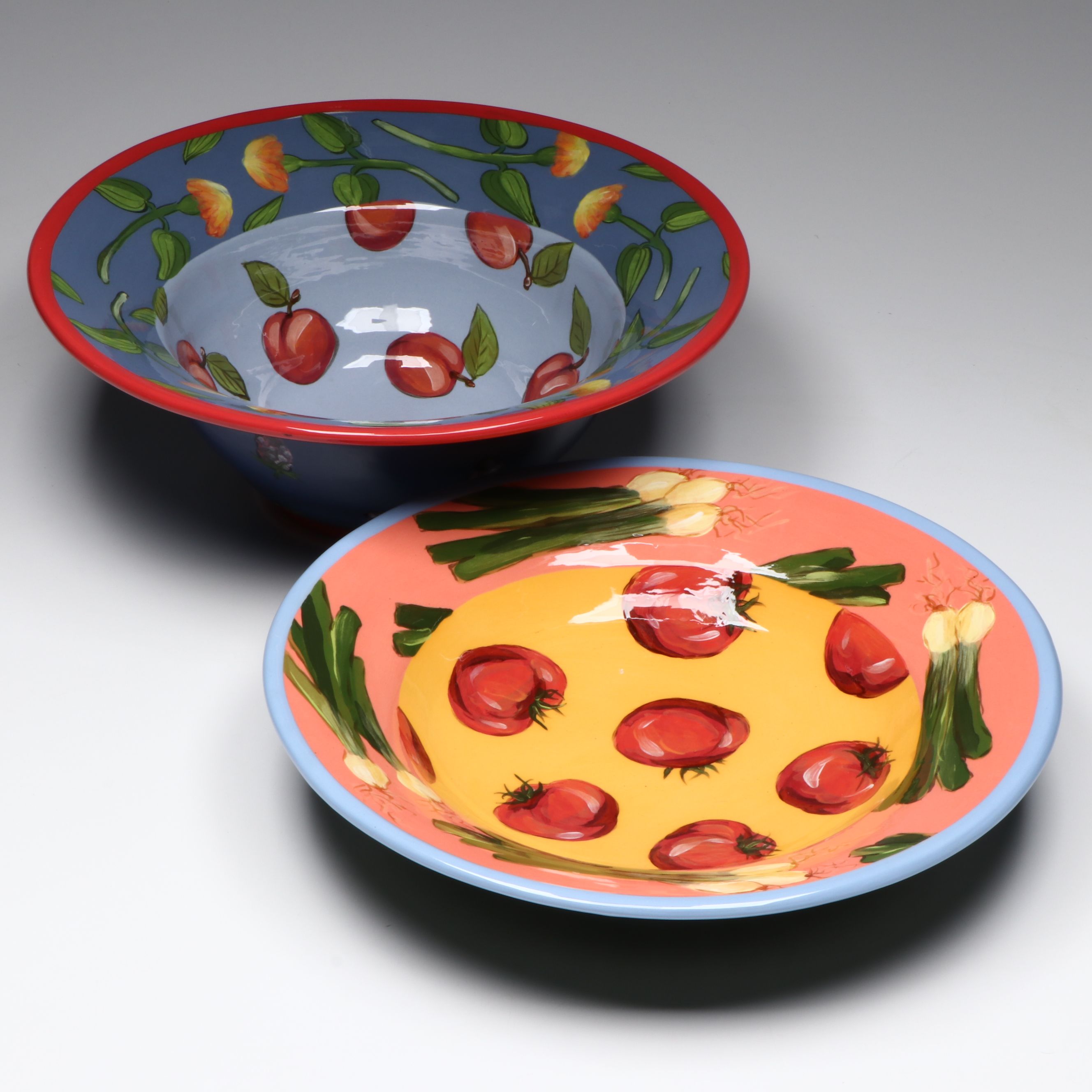 Droll Designs Hand-Painted Vegetable and Fruit Motif Serving Bowls