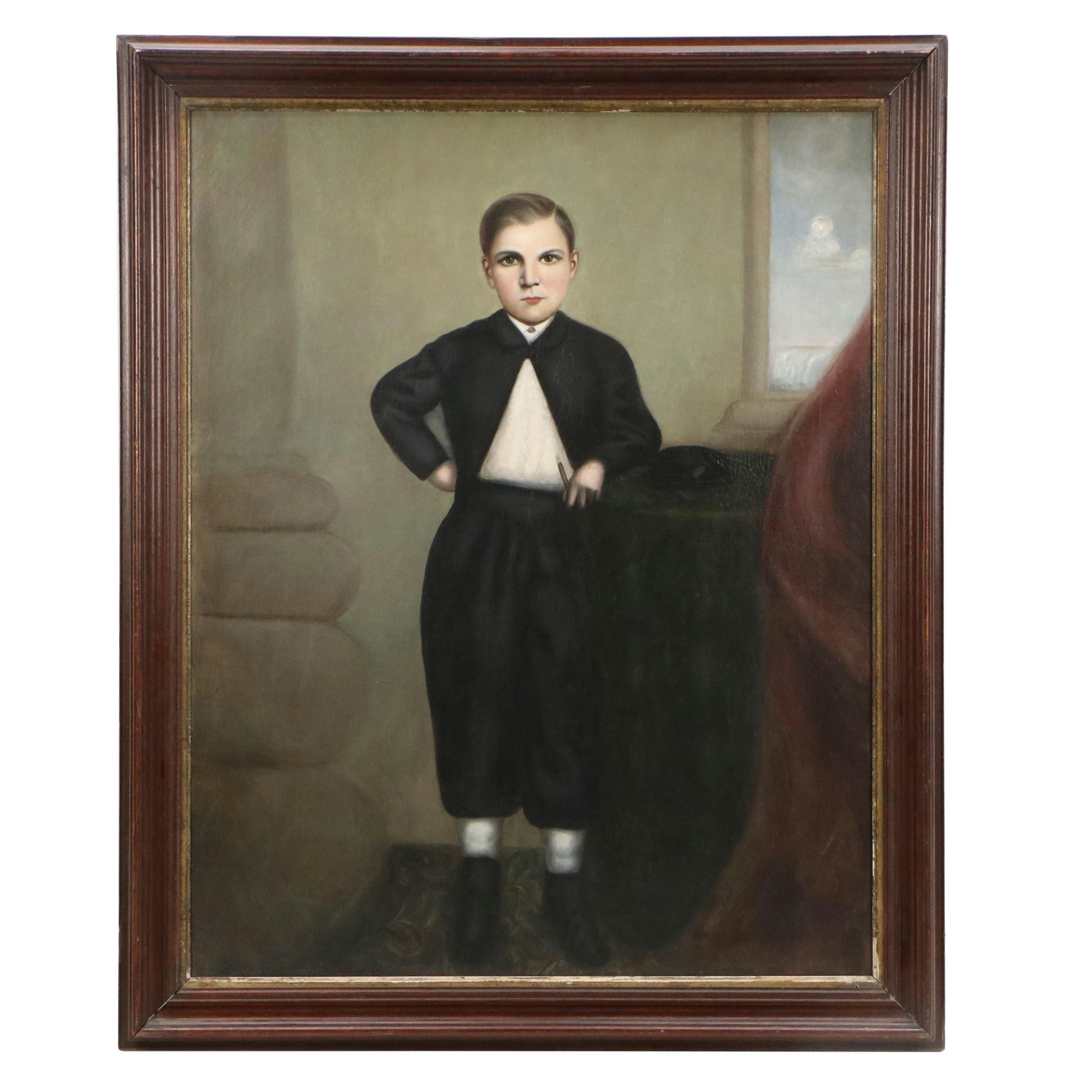 American School Folk Art Portrait of Young Boy, Early 20th Century