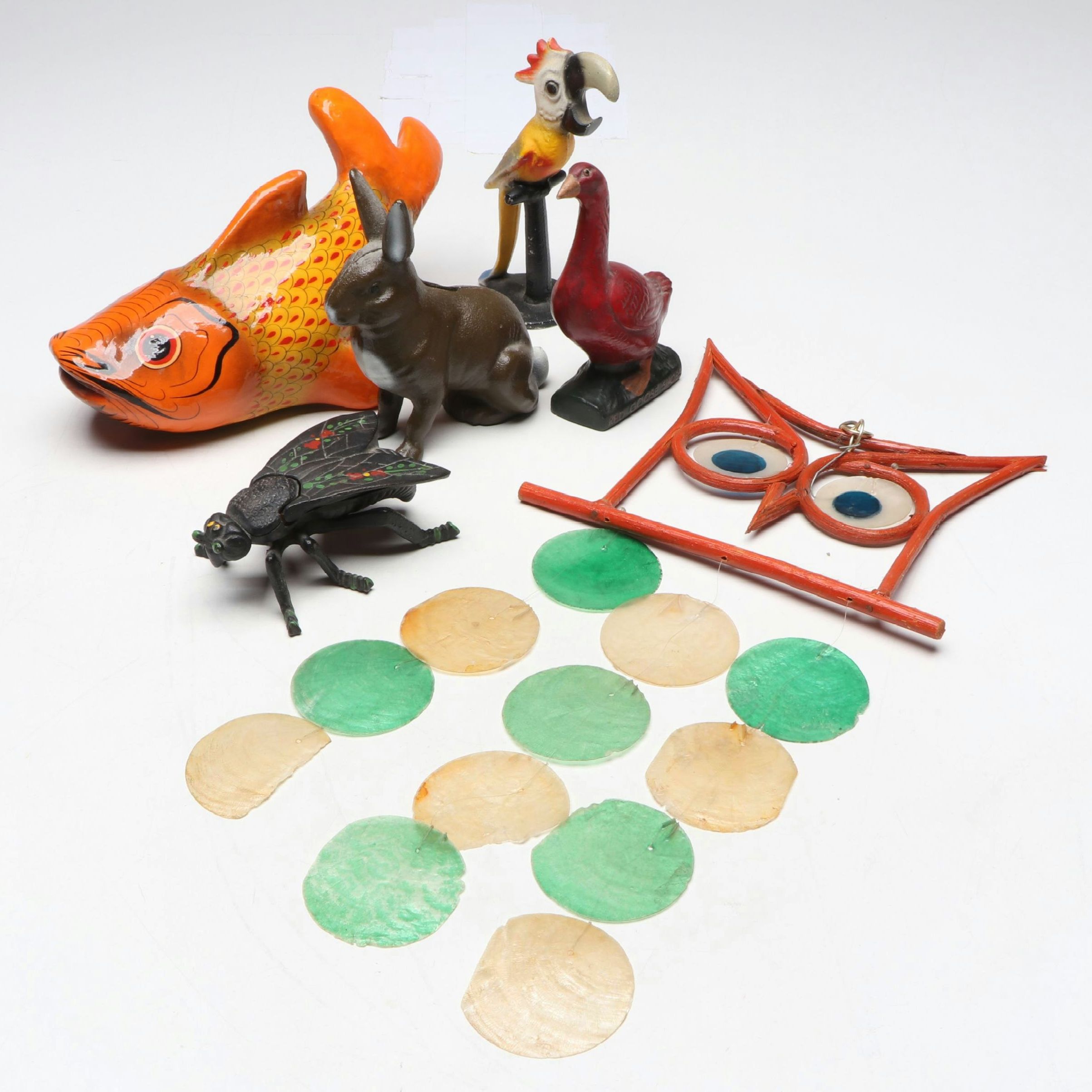 John Wright Cast Iron and More Figurines with Mexican Lacquerware Fish