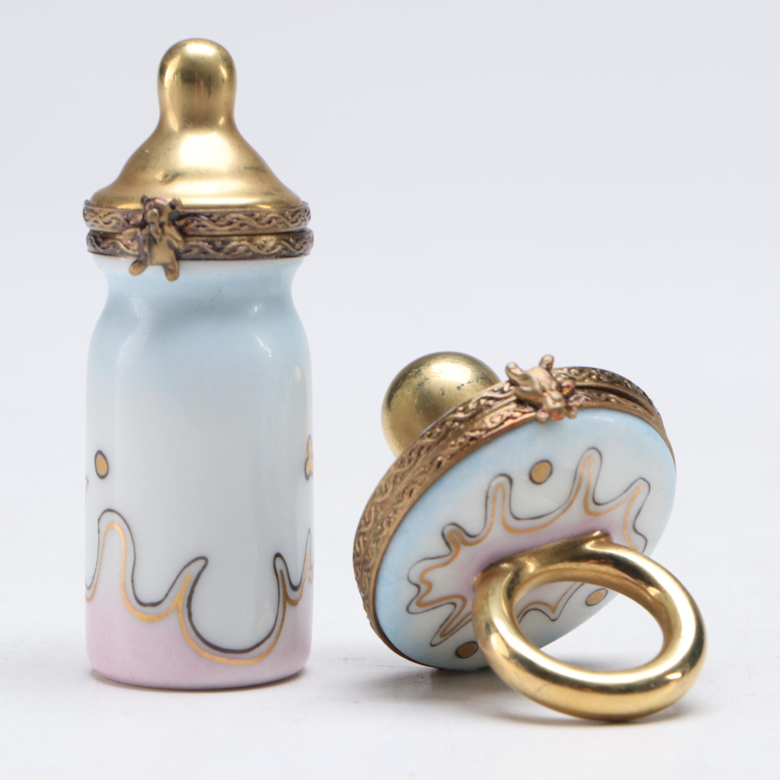 A. L. Pacifier and Bottle Gold Gilt Porcelain Limoges Boxes